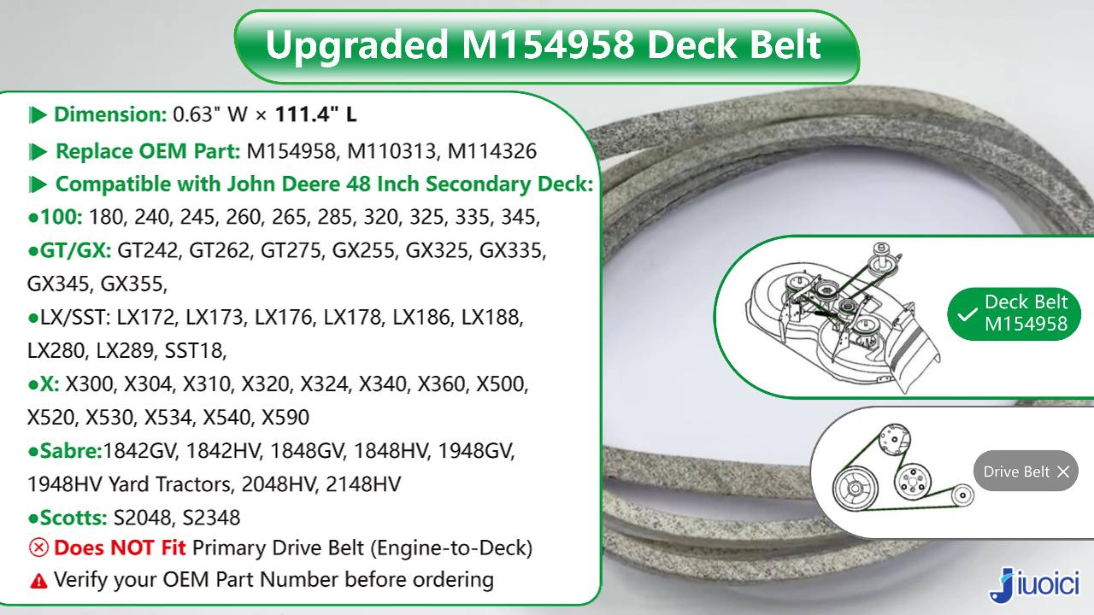 Image of M154958 (111.4 inch) Heavy-Duty Mower Deck Belt, Fits John Deere 48 inch Deck | Secondary Deck Belt, Fits John Deere 48 inch GT235 GT262 X300 320 345 325 180 245 265 GX345 LX280, Aramid Core, Zero-Stretch