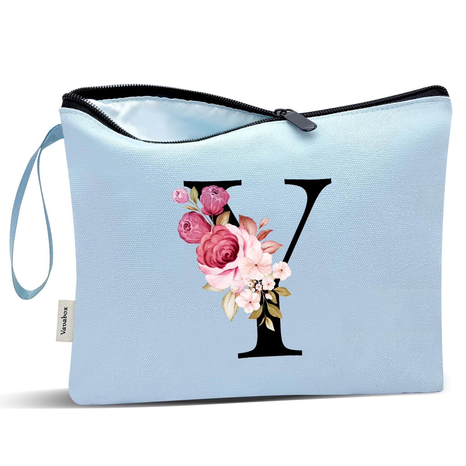 Vavabox A-Z Personalized Makeup Bag, Birthday Gifts for Women Mom, Gifts for Best Friend, Bride Bridesmaid Cosmetic bag (Y, Blue)