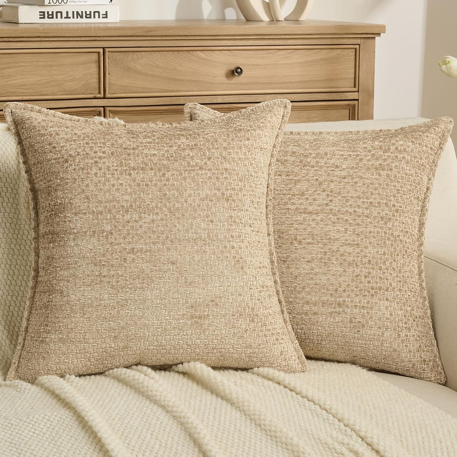 FUTEI Beige Decorative Throw Pillow Covers 18x18 Inch Set of 2,Soft Grainy Textured Cushion Cases,Modern Home Decor for Couch Bed Living Room