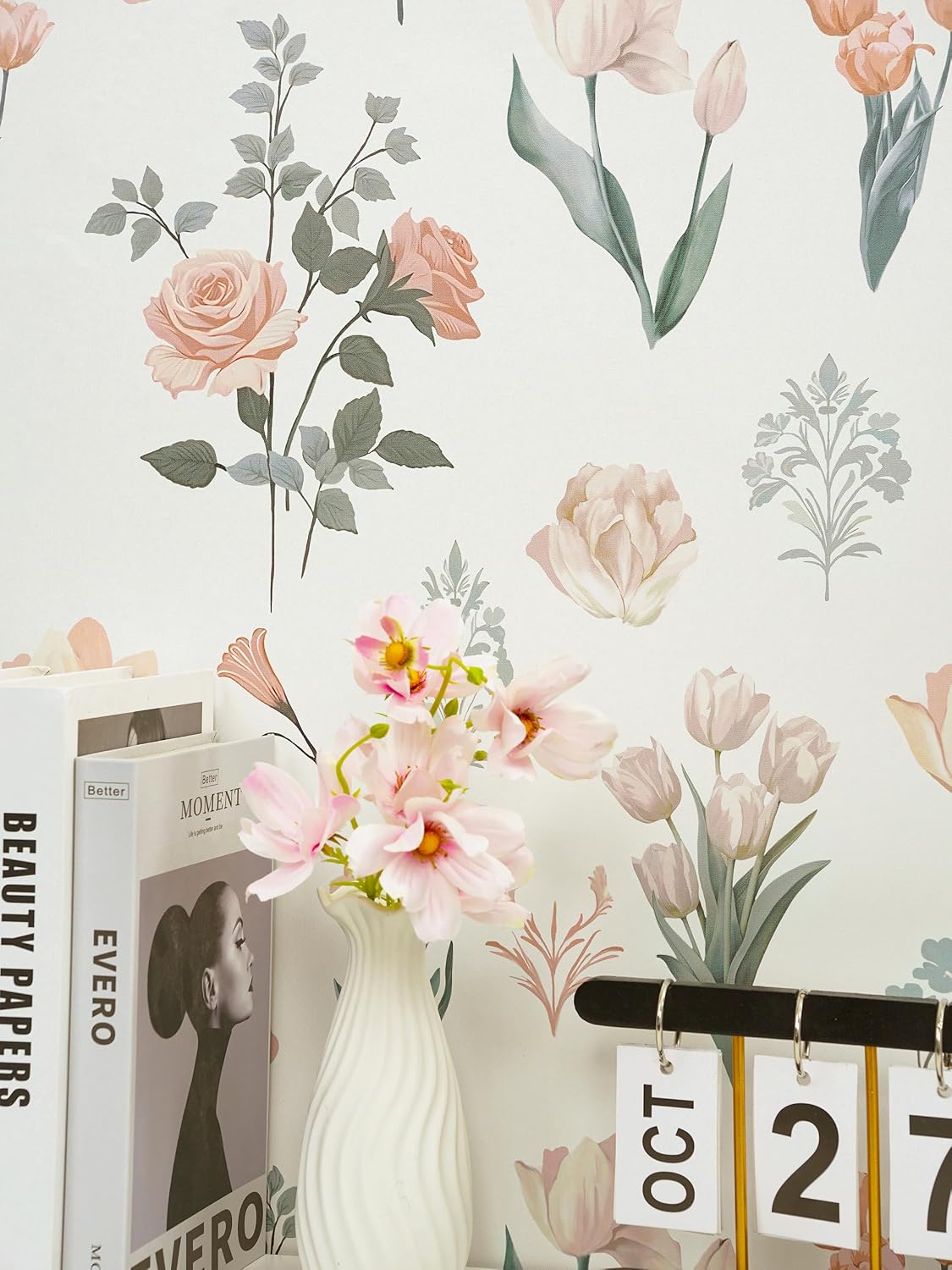 Safiyya Vintage Wallpaper Peel and Stick Floral Beige Contact Paper Roses Tulips Botanical Wall Paper Self Adhesive Farmhouse Removable Wallpaper for Bedroom Bathroom Vinyl Roll 17.3"x 197"