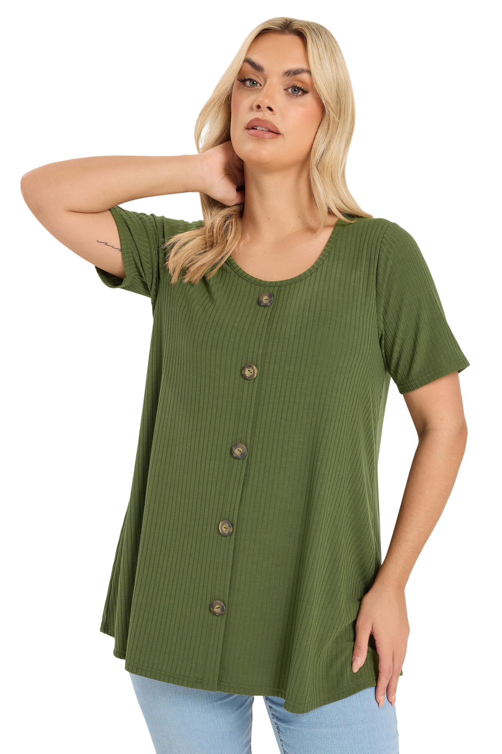 Yours Curve Green Button Front Ribbed Swing Top - Women's - Plus Size Curve