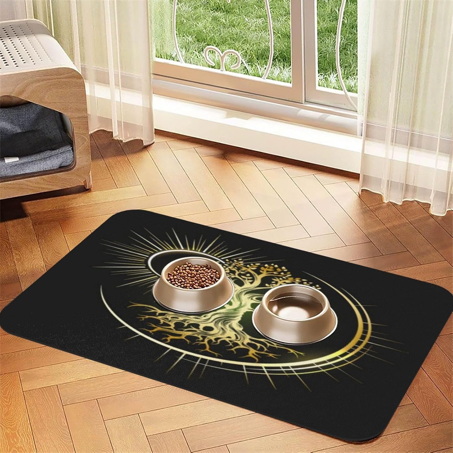 Odin Viking Golden Tree of Life Pet Feeding Mat-Absorbent Quick Dry Pet Cat Dog Food Mat Non Slip Waterproof Rubber Dish Placemat