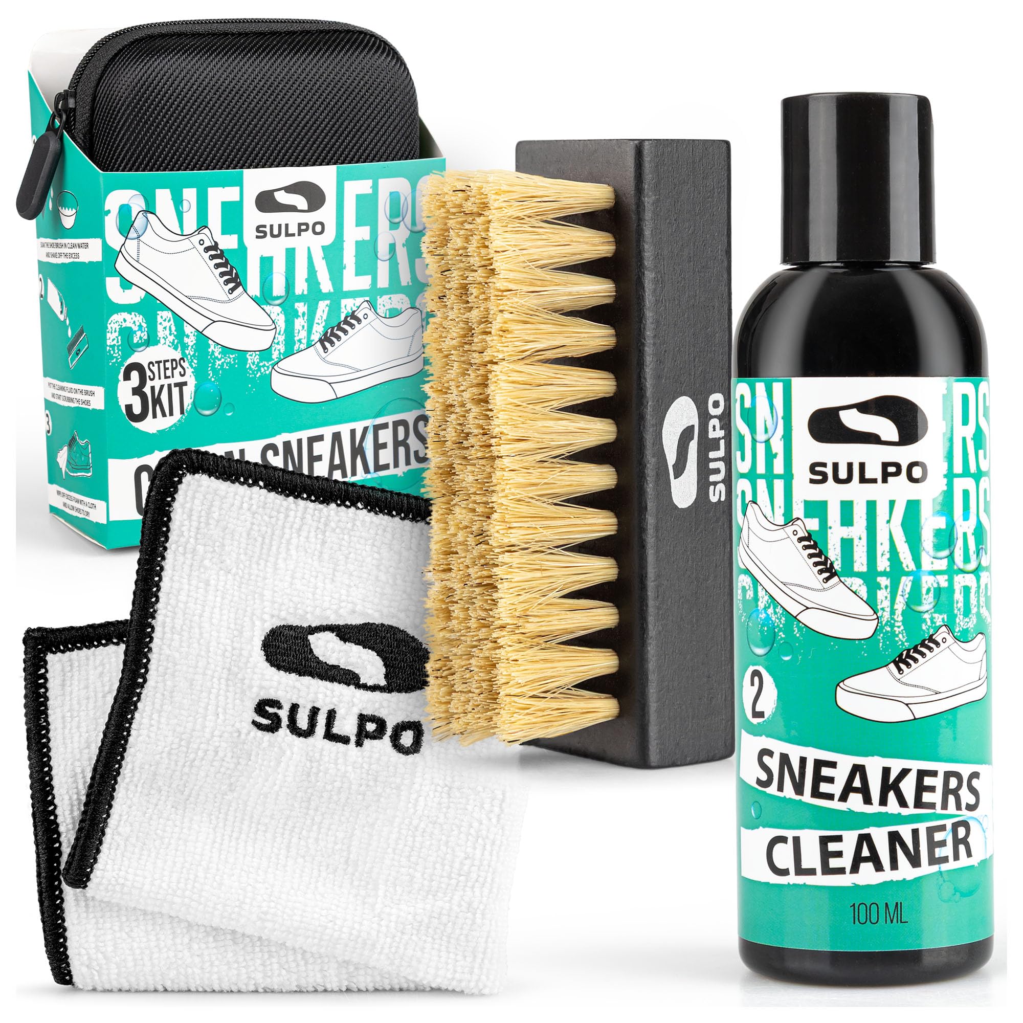 SULPO zestaw do czyszczenia sneakersów – pH-neutralny środek, szczotka i ściereczka z mikrofibry; delikatny dla skóry, zamszu, canvasu i siatki