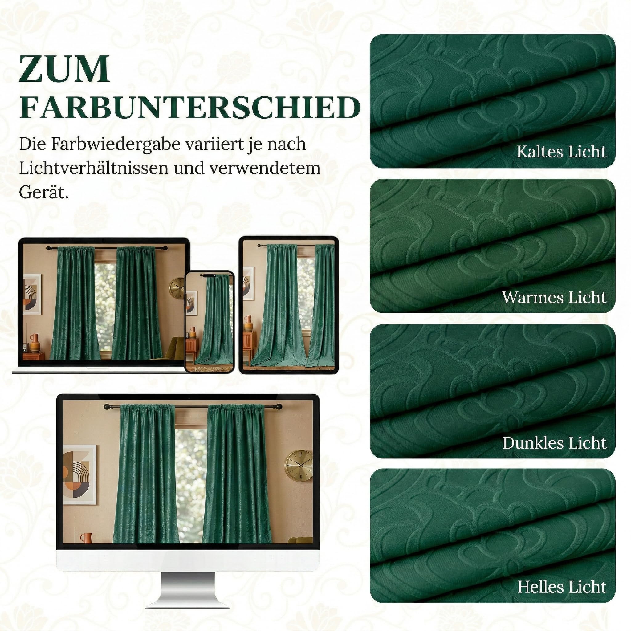 Samtvorhang Kräuselband Blumen Muster 2er Set, H260xB132CM, Luxus Verdunkelung Samt Multifunktionsband Thermovorhang Kälteschutz für Wohnzimmer & Schlafzimmer, 260gsm Velvet Gardinen(Tuscany Green)