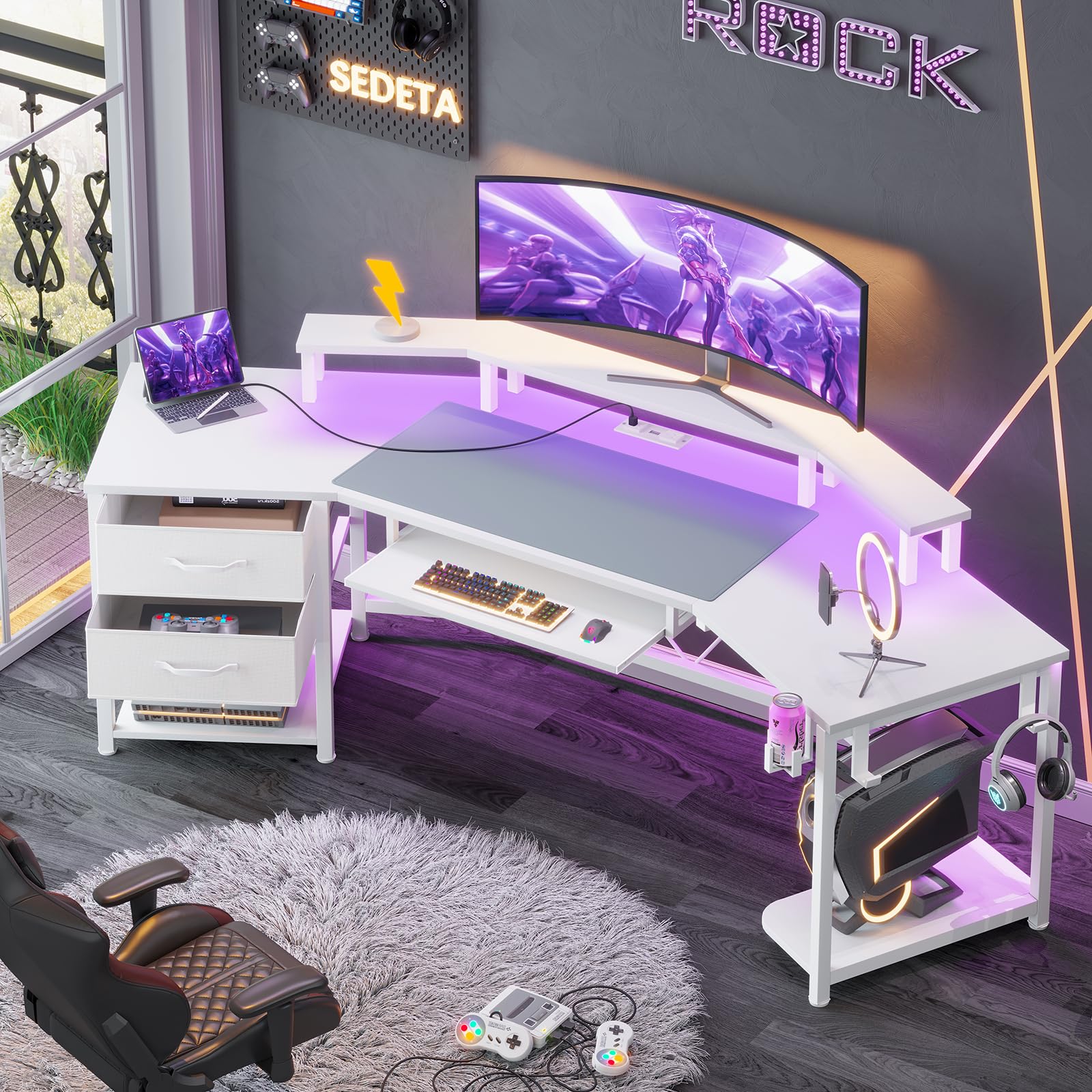 SEDETA 79" Gaming Desk Computer Desk with 2 Cloth Drawers & LED Light White Small Desk with Storage for Home Office Carbon Fiber White