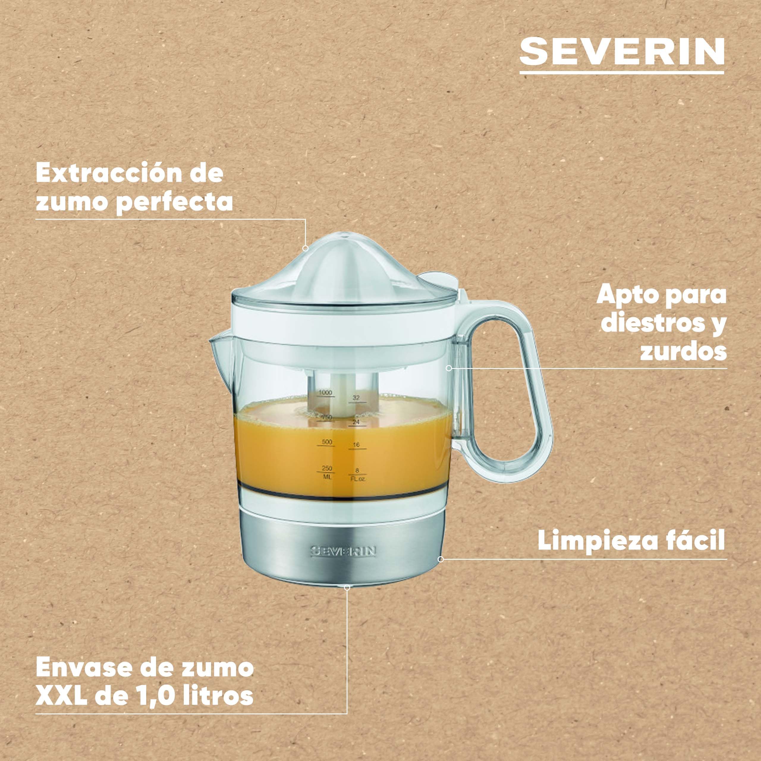 SEVERIN Exprimidor de naranjas eléctrico, exprimidor de frutas con 2 conos extraíbles y recipiente XXL de 1 L, zumo natural, 85 W, blanco, CP 3535