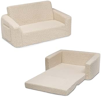 Delta Children Cozee Flip-Out Sherpa 2-in-1 Convertible Sofa to Lounger for Kids, Cream