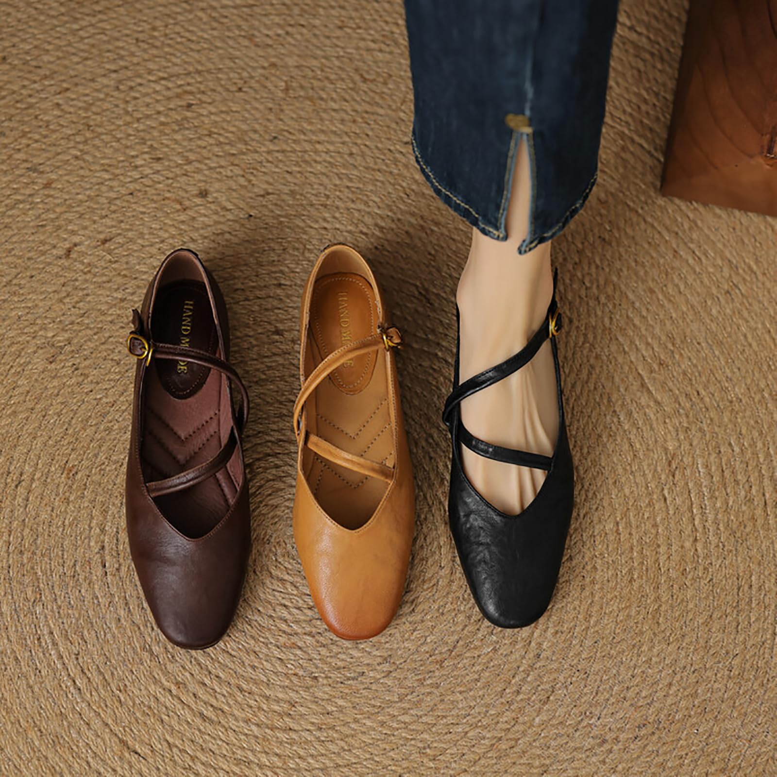 Scarpe Mary Jane da Donna con Punta Tonda, Comode Ballerine in Vera Pelle con Cinturini Regolabili con Fibbia, Eleganti E Casual, Slip-on