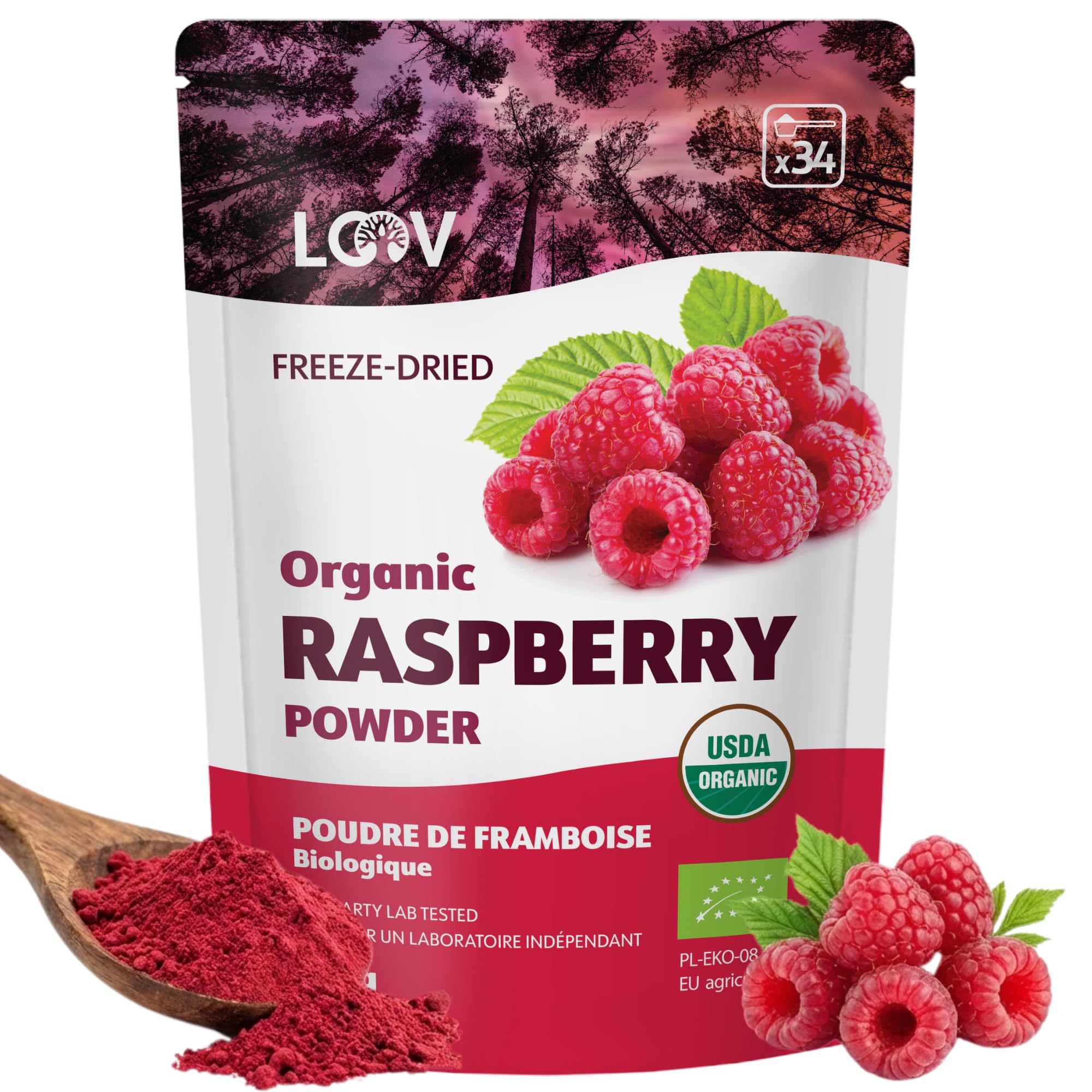 Organic Raspberry Powder, from Freeze-Dried European Raspberries, 6 Oz, Raw, 24-Day Supply, No Added Sugar