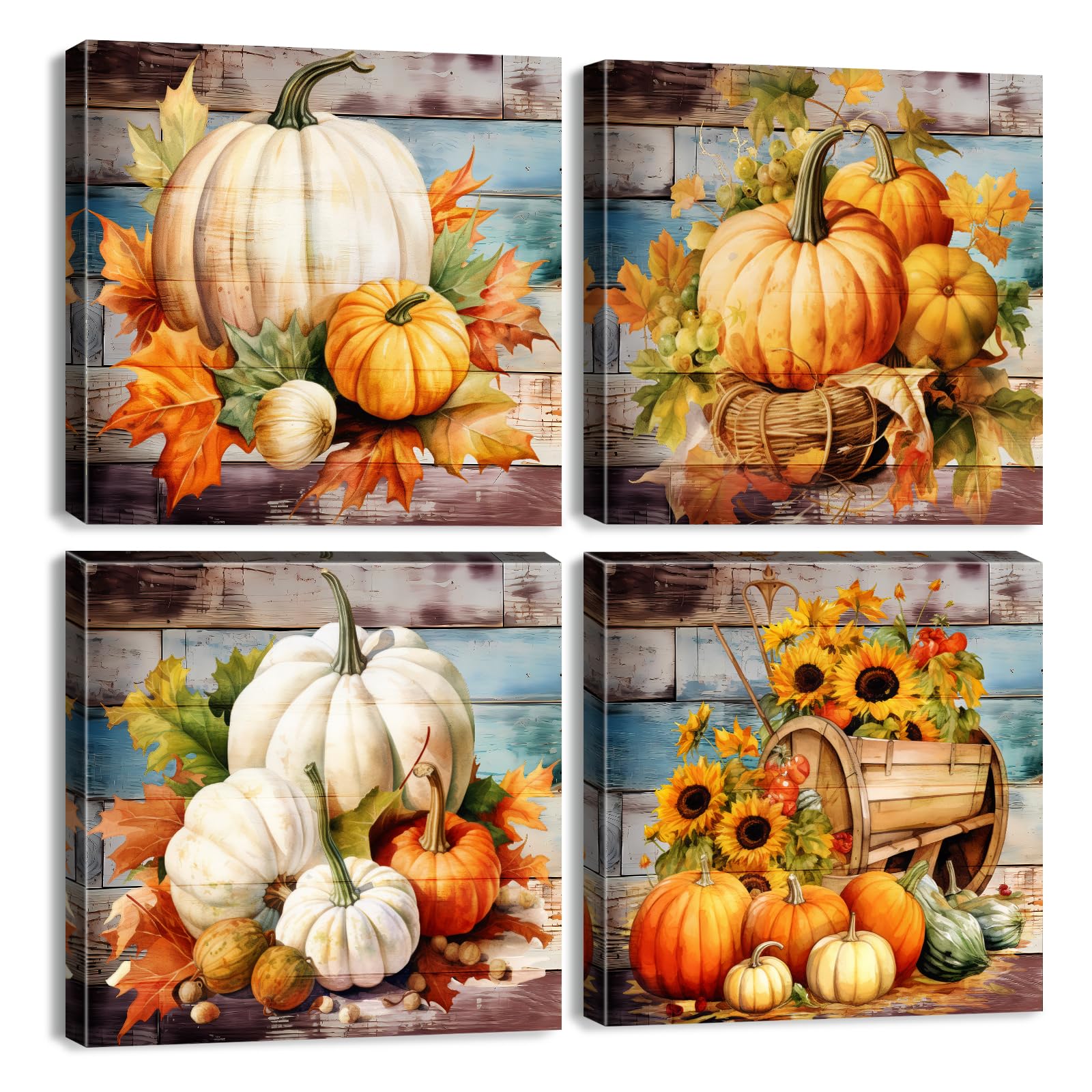 Rustic Pumpkin Wall Art Fall Themed Maple Leaves Sunflower Canvas Wall Decor for Kitchen Living Room Home Decorations Farmhouse Autumn Pictures Vintage Wood Grain Prints Modern Artworks 12x12" 4 Pcs