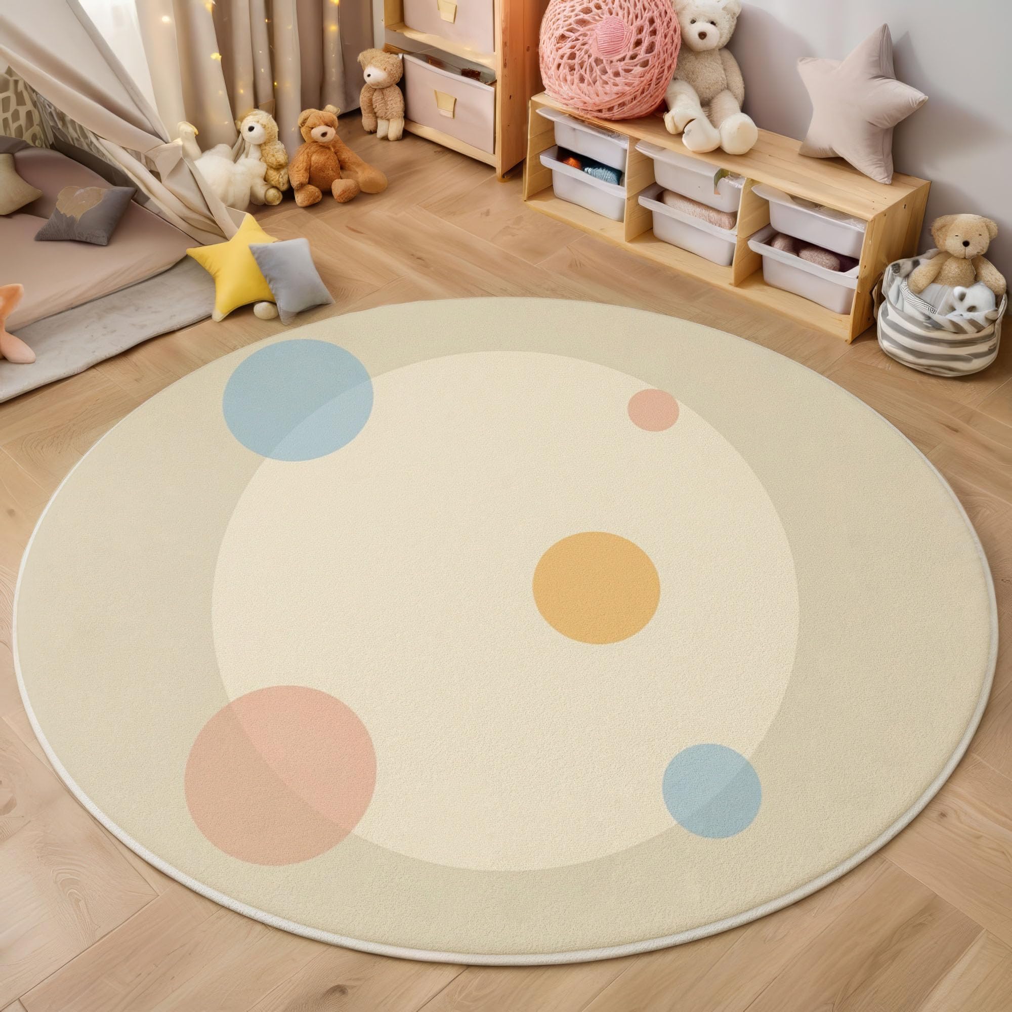 Tapis rond beige clair 100cm au design épuré et finitions soignées pour un salon élégant
