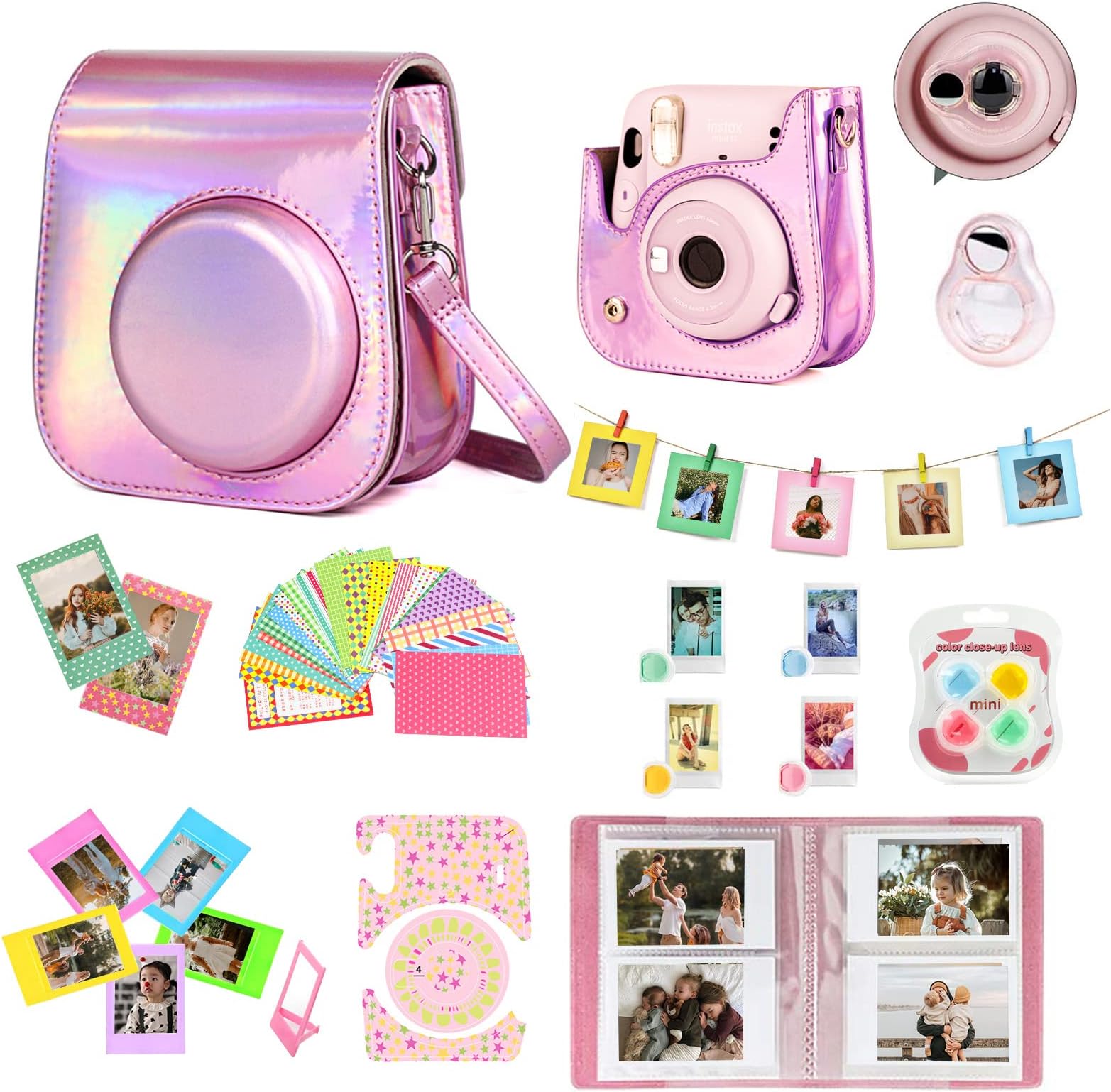WOGOZAN Mini 11 Accessories for Fujifilm Instax Mini 11 Instant Camera Include Case, Color Filters, Photo Album, 2x3 Frames, Selfie Lens and Stickers (Magic Pink) (No Camera)