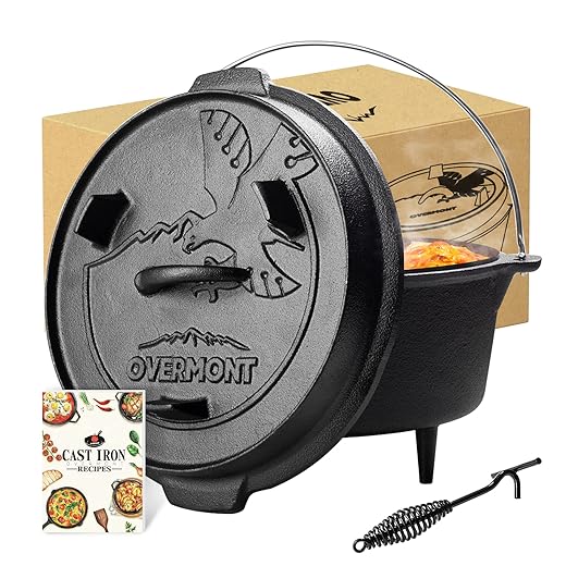 Overmont Camp Dutch Oven Pre Seasoned Cast Iron Lid Also a Skillet Casserole Pot with Lid Lifter for Camping Cooking BBQ Baking 6QT(Pot+Lid)