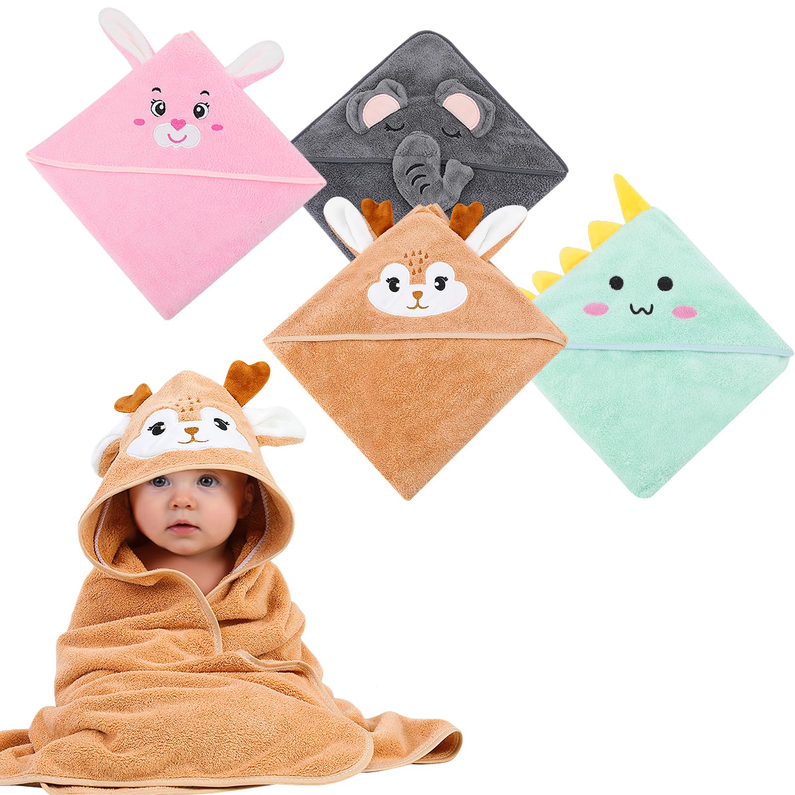 Xialvyu 4 Stück Kapuzenhandtuch für Babys,80x80 cm Babybadetuch aus Korallenvliesfür Babys Neugeborene Unisex