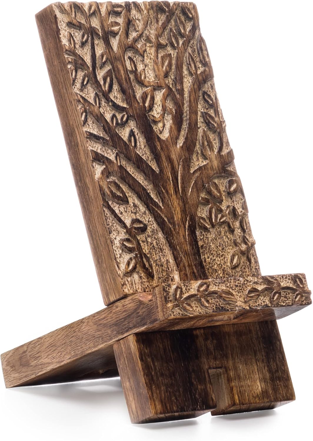 Matr Boomie Hand Carved Solid Wood Phone Holder Stand, Docking, Charging Station for Smartphones