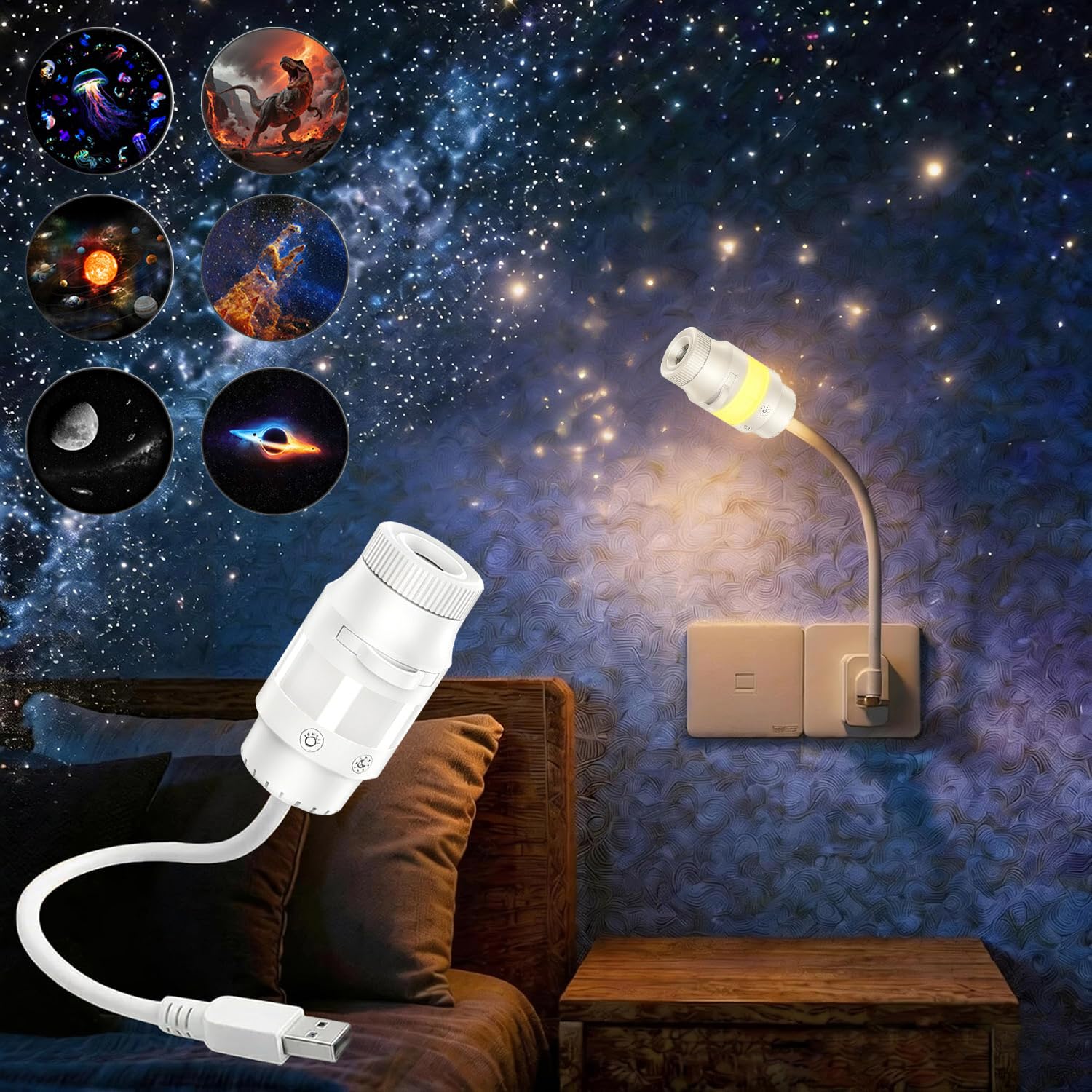 Crebeau USB Galaxy Projector Night Light, Galaxy Star Projector with 6 Sliding Projection Films, 360° Starry Sky Night Light Projector for Car Interior roof Bedroom Ceiling Wall Room Decor