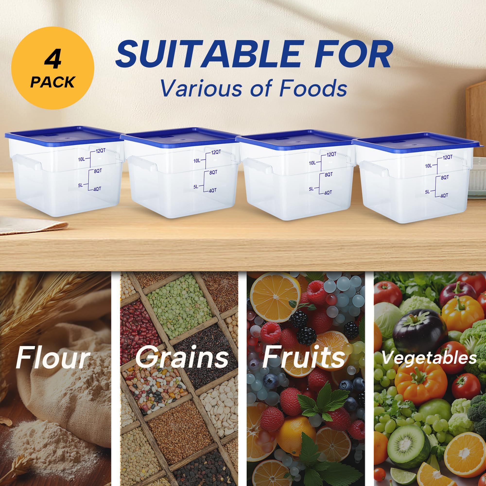 Paquete de 4 recipientes de almacenamiento de alimentos de 12 cuartos de galón con tapas, recipientes cuadrados de policarbonato para alimentos, NSF, transparente