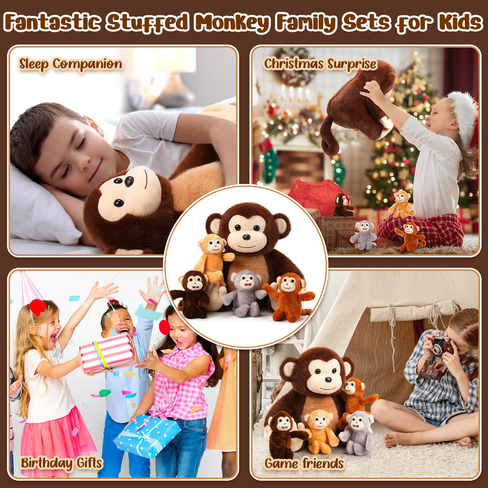 Aoriher 5 Pieces Monkey Plush Toy Set 1 Mommy Monkey Stuffed Animal with 4 Cute Plush Babies in Her Tummy 13 Inch Cuddly Monkey Plushie Gifts for Christmas Boys Girls Birthday Party(Cute Style) - Image 6