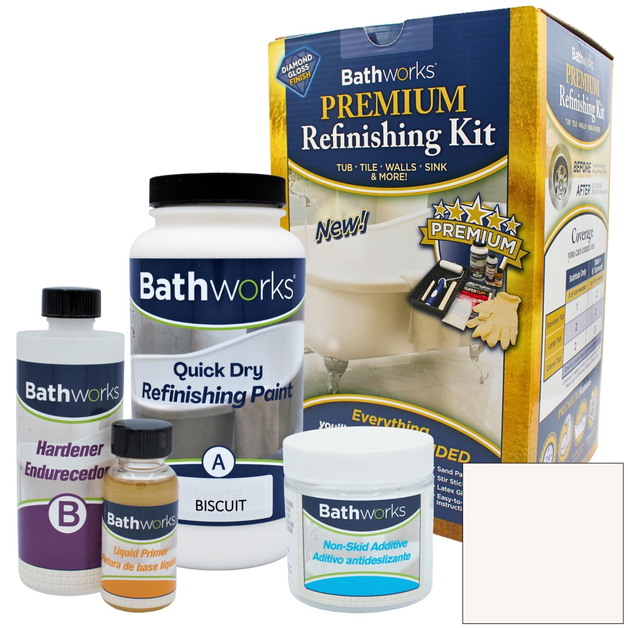 Bathworks DIY QUICK DRY BISCUIT Bathtub & Tile Refinishing Kit w/Non-Slip Protection; 22 oz; FAST 12 hour dry time; Tub; Tile; Wall Surround; Sink; High Gloss Resin Finish (BISCUIT)