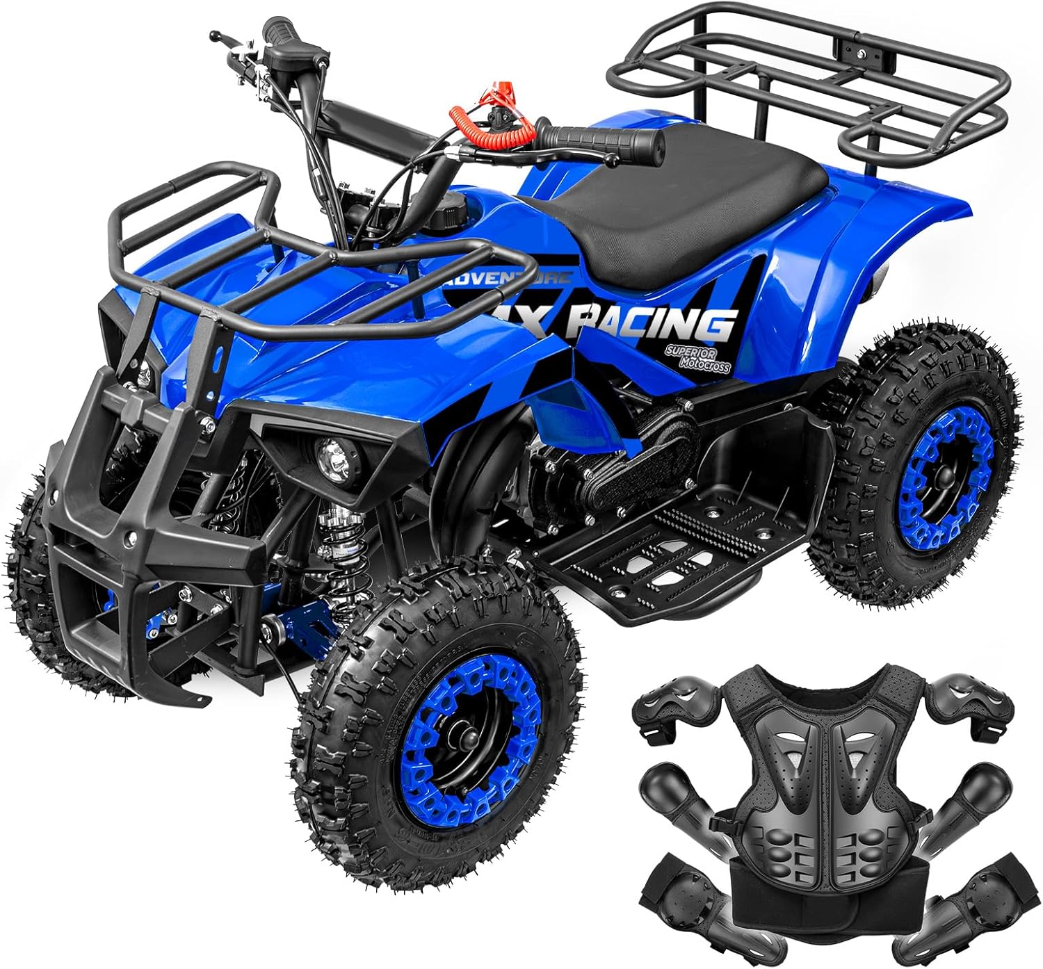 Kids ATV Gas Powered 49cc 4 Wheeler Ages 8-14 Parent-Controlled Speed Limiter Youth Quad Bike Alloy Frame Protective Gear Max Load 99 lbs, Blue
