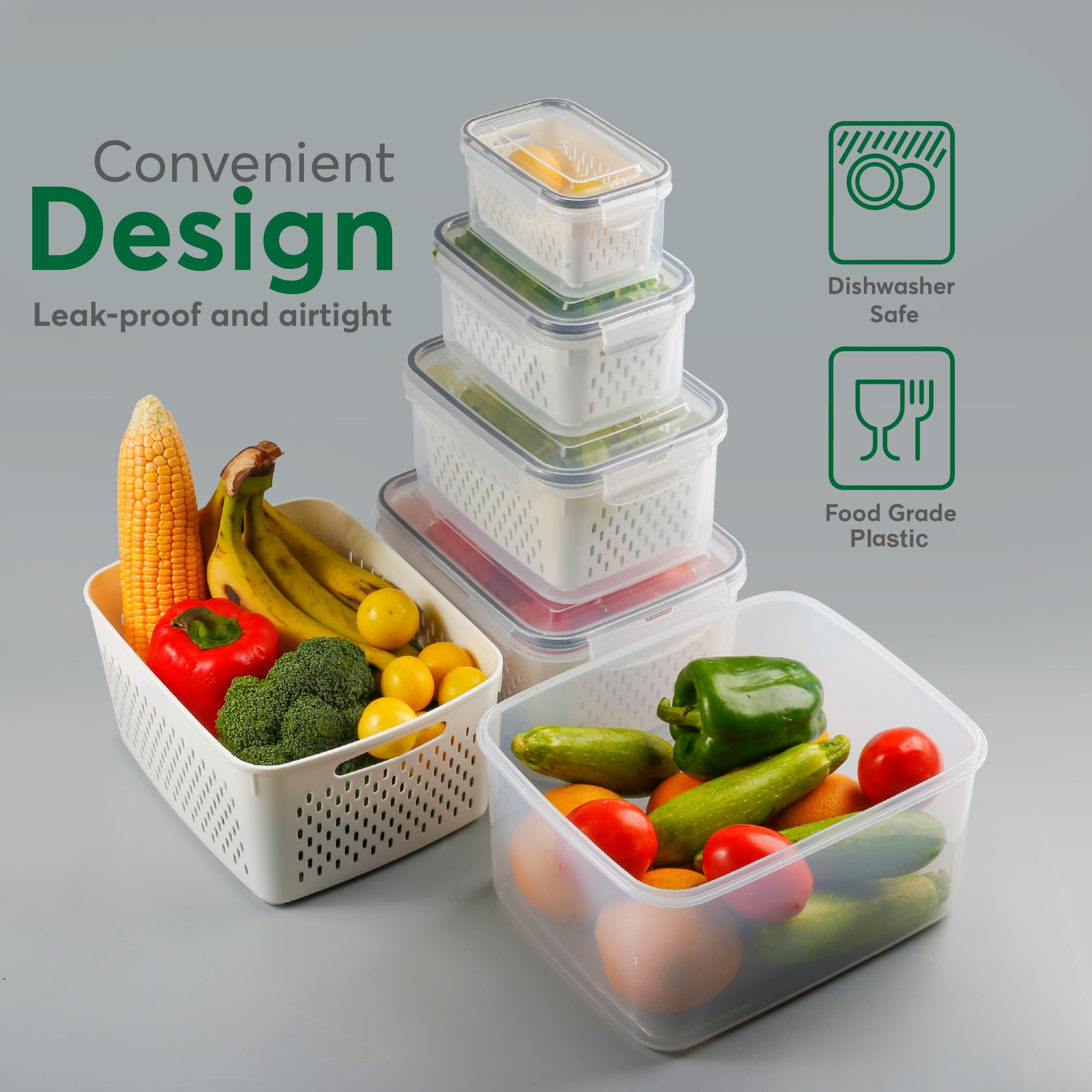 5 contenitori per frutta per frigorifero con scolapasta, lavabili in lavastoviglie, a prova di perdite, in plastica senza BPA, per conservare frutta e verdura fresca