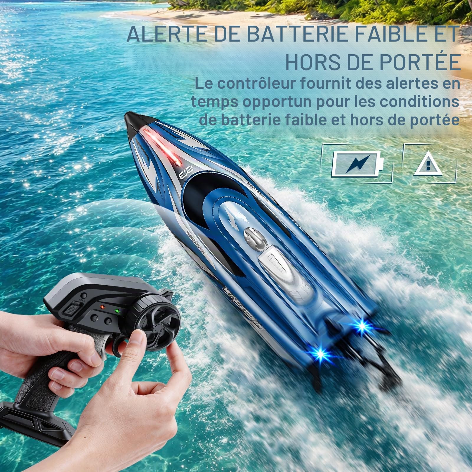 YESHIN Bateau Radiocommandé 25 km/h, 2,4 GHz avec lumières LED, 2 Piles, étanche et Anti-chavenir, Distance de Fonctionnement de 150 m, Convient pour Piscine et Lacs, Cadeau pour Enfants de 8 Ans et