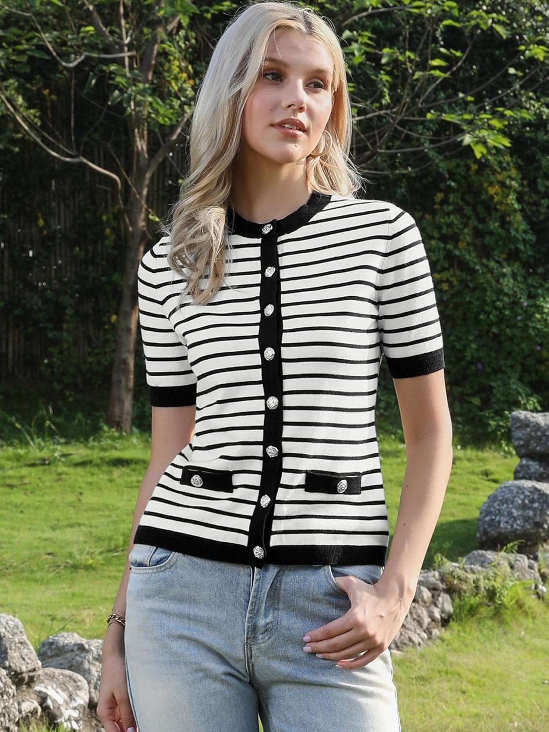 Allegra K Striped Cardigan for Women's Short Sleeve Button Down Knitted Sweater Casual Crew Neck Tops - Image 3