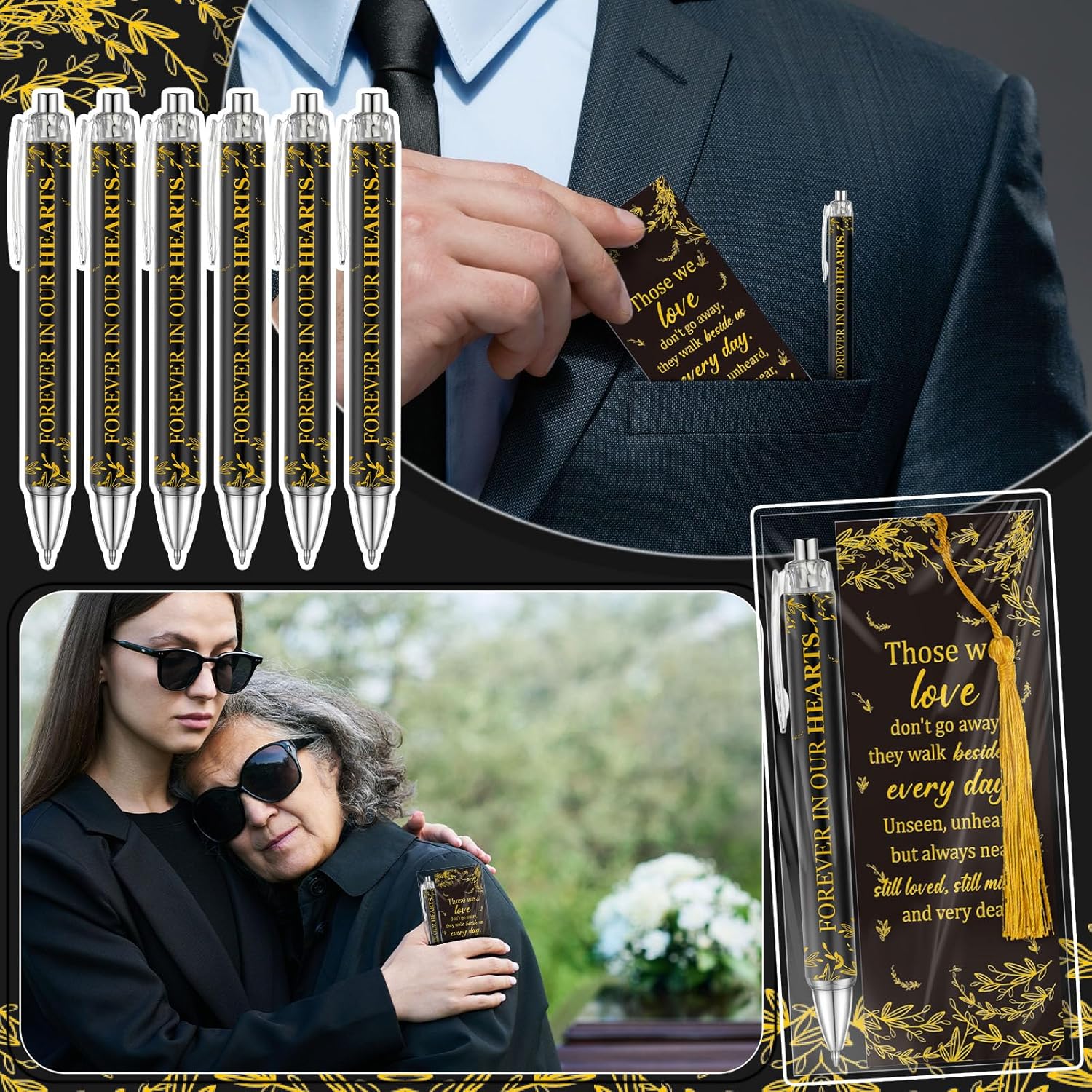 Sayglossy 60 Set Memorial Funeral Favors for Guests Funeral Favors for a Memorial Service Ballpoint Pens and Poem Prayer Bookmarks Celebration of Life Condolence Bereavement Gift(Black Gold)
