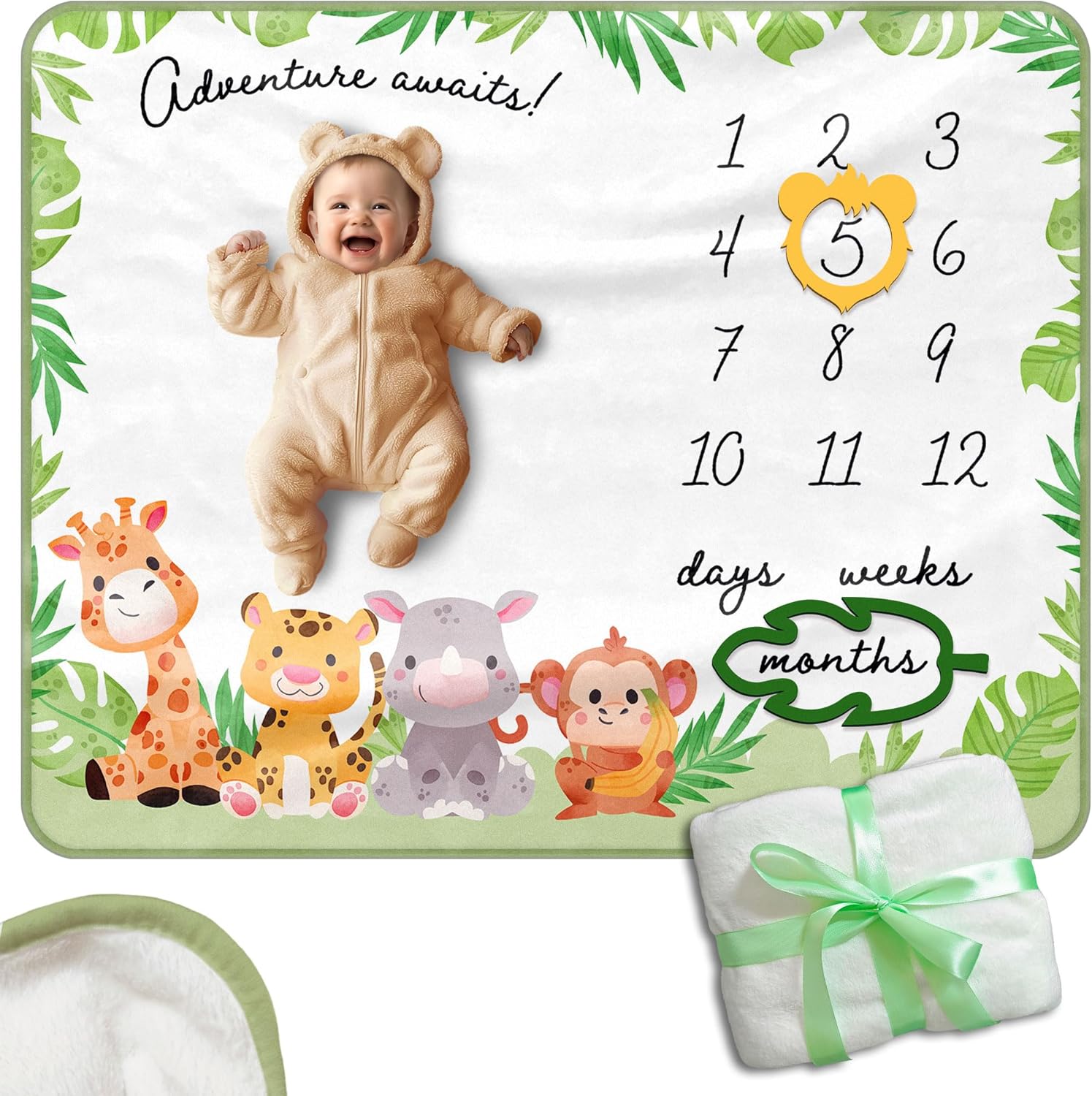 Monthly Baby Milestone Safari – 50"x40" Soft Flannel with Green Border – Baby Monthly Milestone for Newborn Photos – Includes 2 Frames (Lion & Leaf) – Unisex Baby Monthly Milestone Blanket