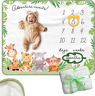 Monthly Baby Milestone Safari – 50"x40" Soft Flannel with Green Border – Baby Monthly Milestone for Newborn Photos – Includes 2 Frames (Lion & Leaf) – Unisex Baby Monthly Milestone Blanket