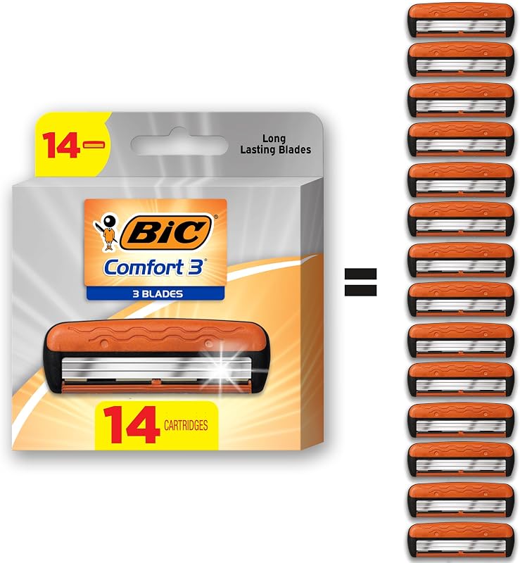 BIC Comfort 3 cartuchos de afeitar recargables, 14 unidades para pieles sensibles | Cabezales de afeitar recargables | Tira lubricante mejorada con aloe vera | Cabezal pivotante de 30 grados.