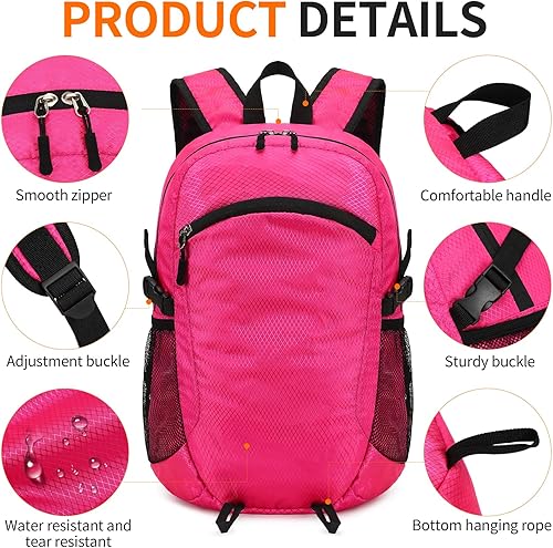 Miniatura 6 de Mochila de senderismo pequeña, mochila de senderismo impermeable de 15 litros, plegable, ligera, mochila de viaje para mujeres y hombres, Rosado,