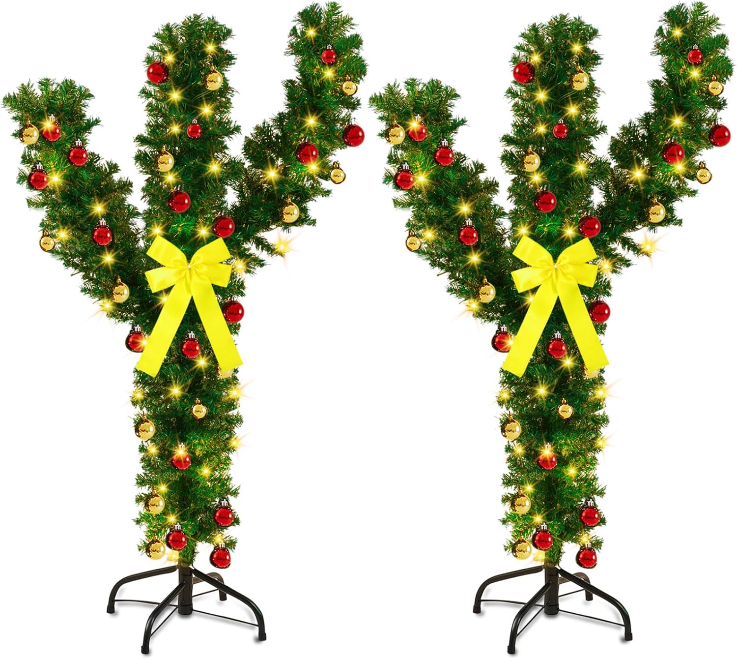 Hiboom 2 Pcs 4 Ft Pre-lit Artificial Cactus Christmas Tree with Ball and Bow Ornaments Cactus Xmas Tree with 3 String LED Lights, Easy to Assemble Perfect for Holiday Indoor Decor 2 Two Size