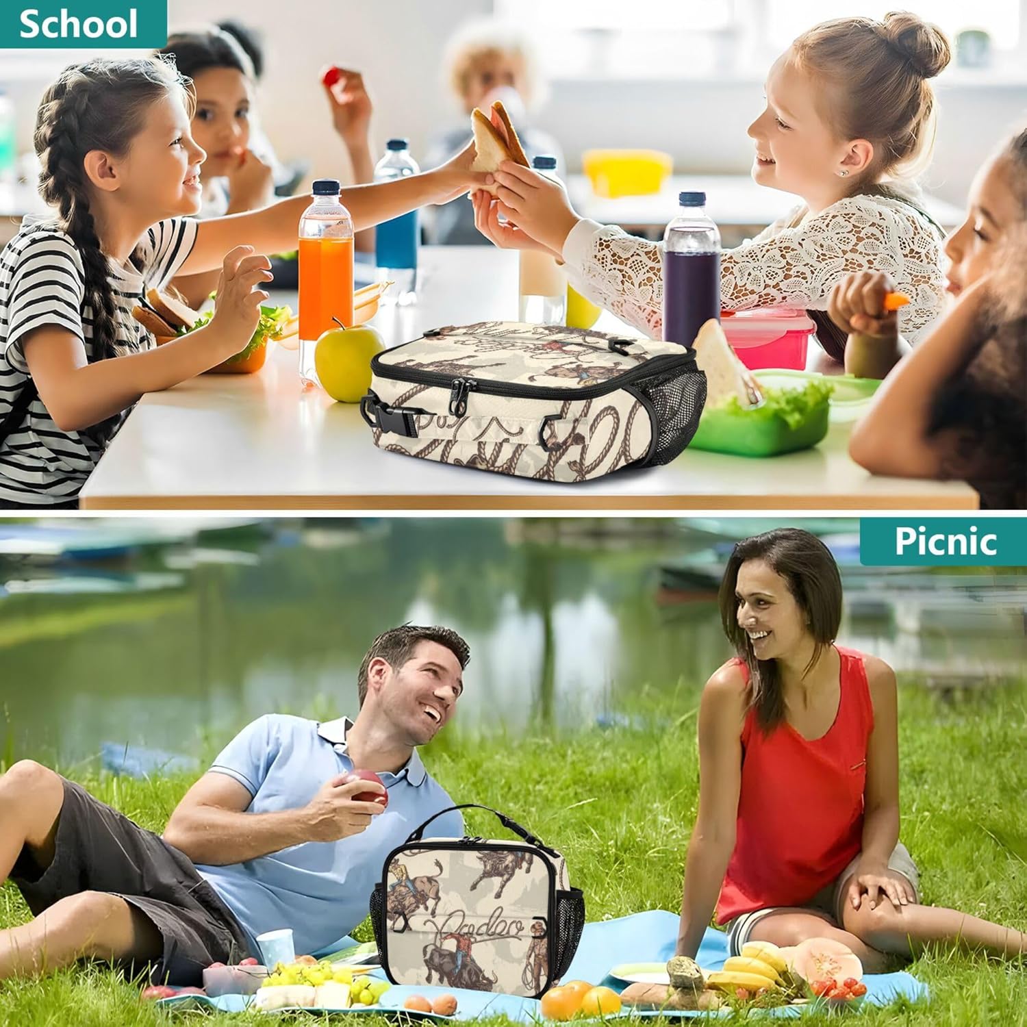 Cowboys Pattern West with Bulls Kids Lunch bag Insulated Lunch Box Mini Cooler Bag Back to School Meal Tote Bag for Girls Boys