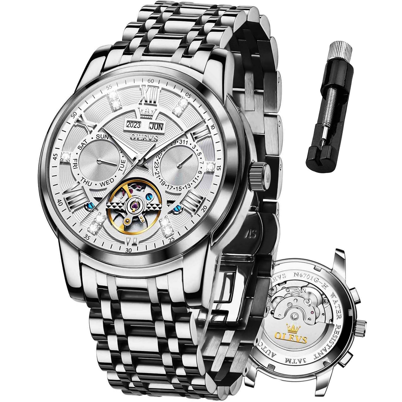 OLEVS Mens Watches Luxury Business Self Winding Tourbillon Day Date Watches for Men Silver Waterproof Stainless Steel Men's Wrist Watches