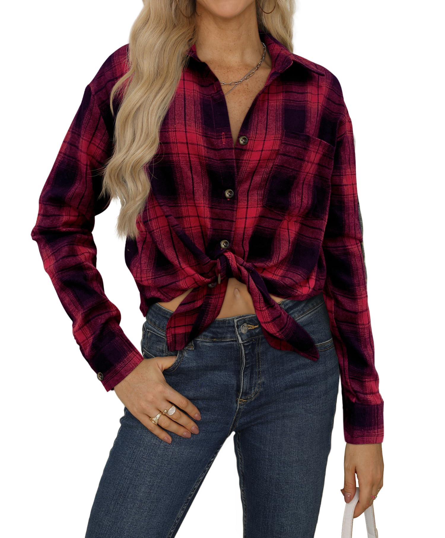 NONSAR Camicia da donna a quadri, con bottoni, a maniche lunghe, per Oktoberfest, a quadri, casual, con scollo a V, in flanella