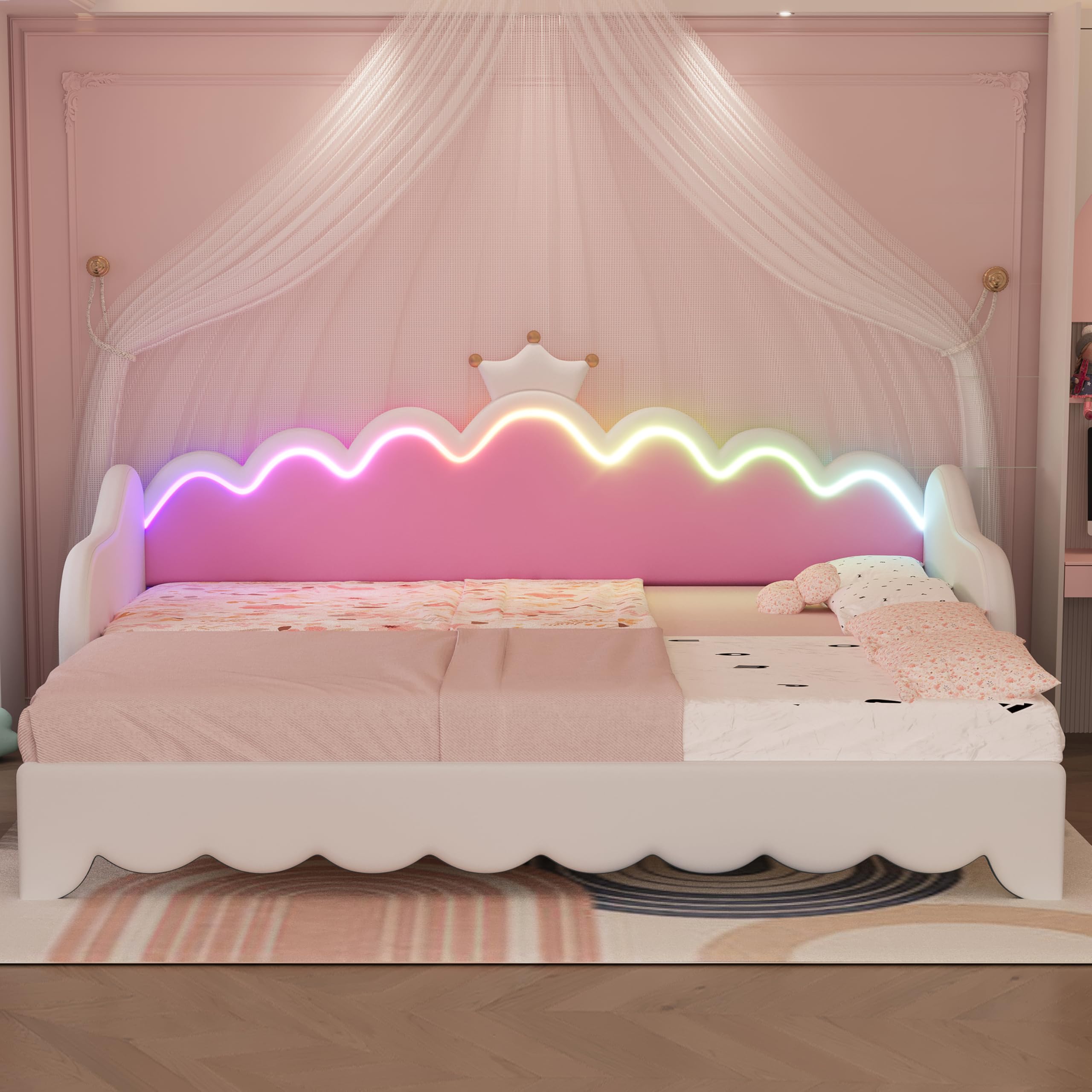Klwenas Maec Twin Size Extending Daybed with LED Lights, Modern Upholstered Princess Daybed with Crown Headboard