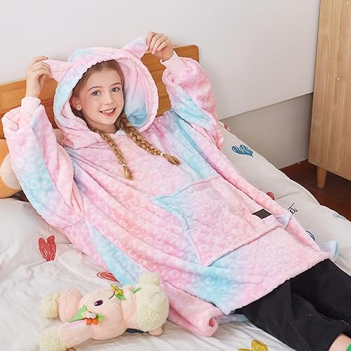 Miniatura 6 de Catalonia Manta de gran tamaño con capucha de gato arcoíris para niños, sudadera de forro polar con bolsillo frontal grande, regalo para