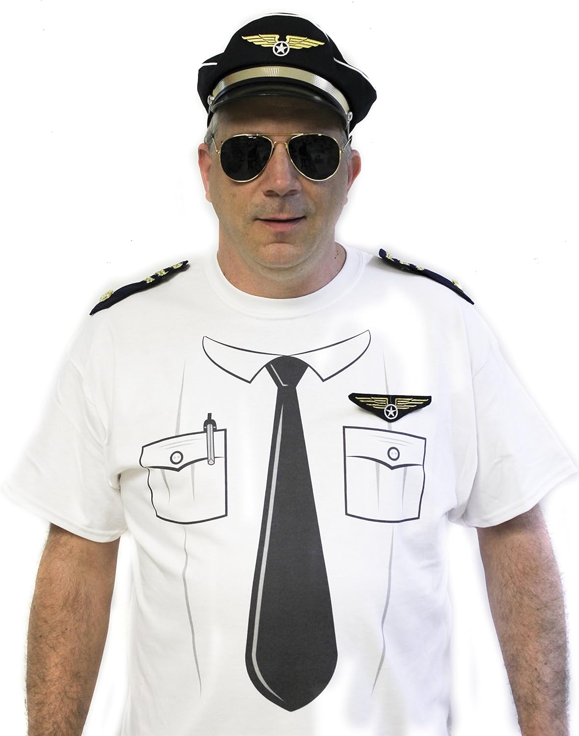 Instant Airline Pilot Costume Kit Includes Shirt, Hat, Glasses, Aviator