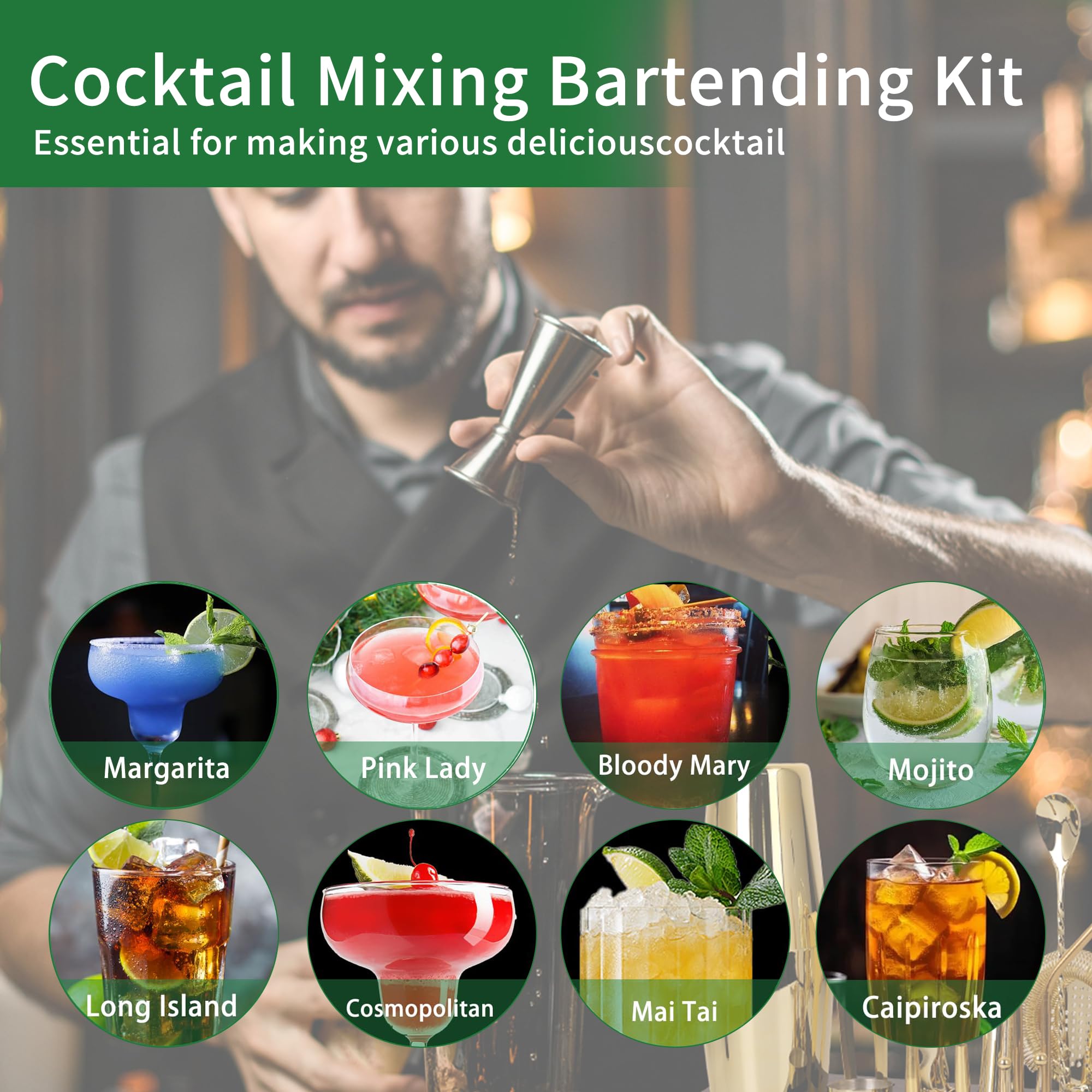 Juego de coctelera Boston, kit de coctelera Boston de 15 piezas, accesorios de barra de acero inoxidable, kit profesional de bar para el hogar con folleto de recetas (dorado, soporte negro)