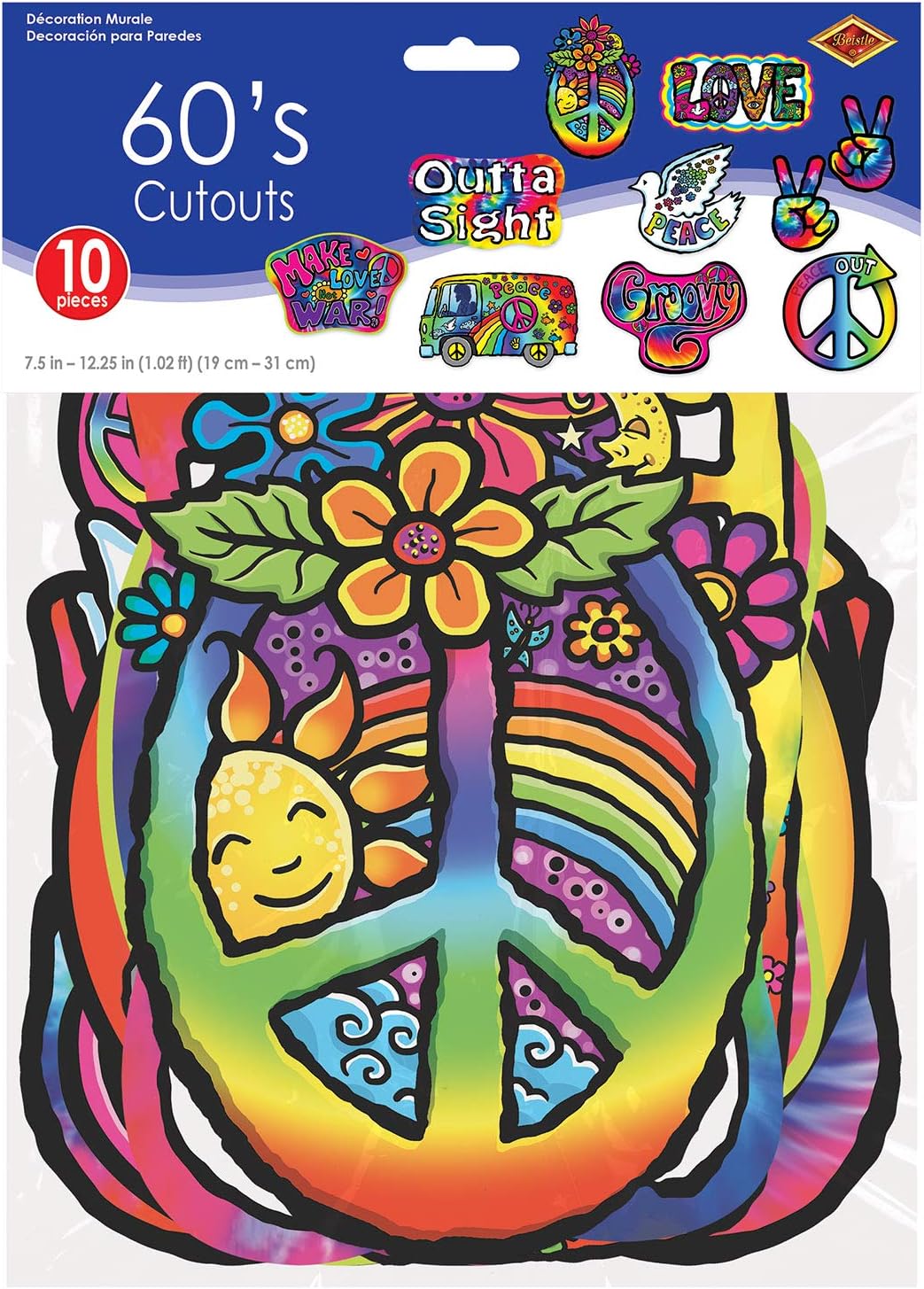 Beistle 60's Party Decorations, Tie-Dyed Assorted Groovy Party Cutouts 7.5 Inch to 12.25 Inch, Pack of 120