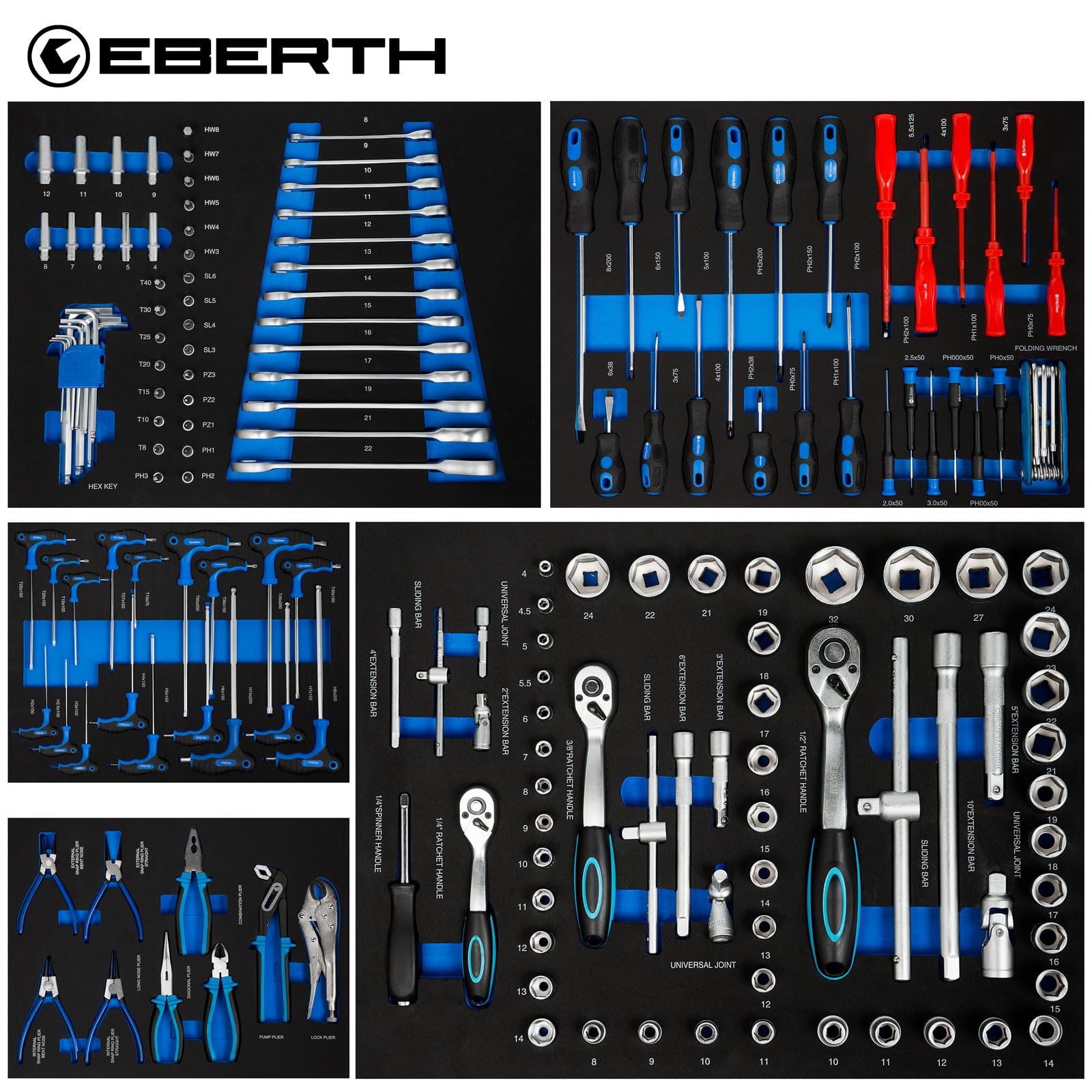 EBERTH Servante d'atelier, 167 pièces, 7 tiroirs, 5 remplis d'outils, Boîte à Outils à Double paroi en Acier, revêtement époxy Bleu, Roues pivotantes, Frein de stationnement, poignées ergonomiques