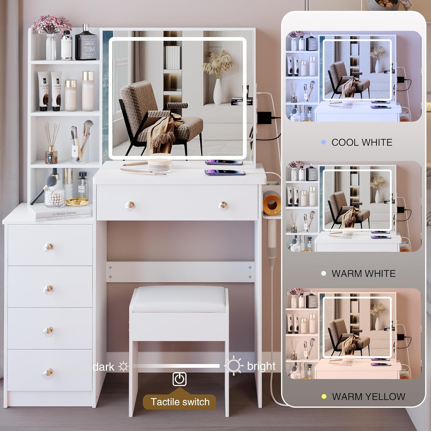 37" Makeup Vanity Desk with Slidding Led Lighted Mirror, Large Storage Dressing Table for Small Space with Multi Hidden Shelves and Cabinet Drawers, Touch Control 3-Color Lighting, Pocket & Holder