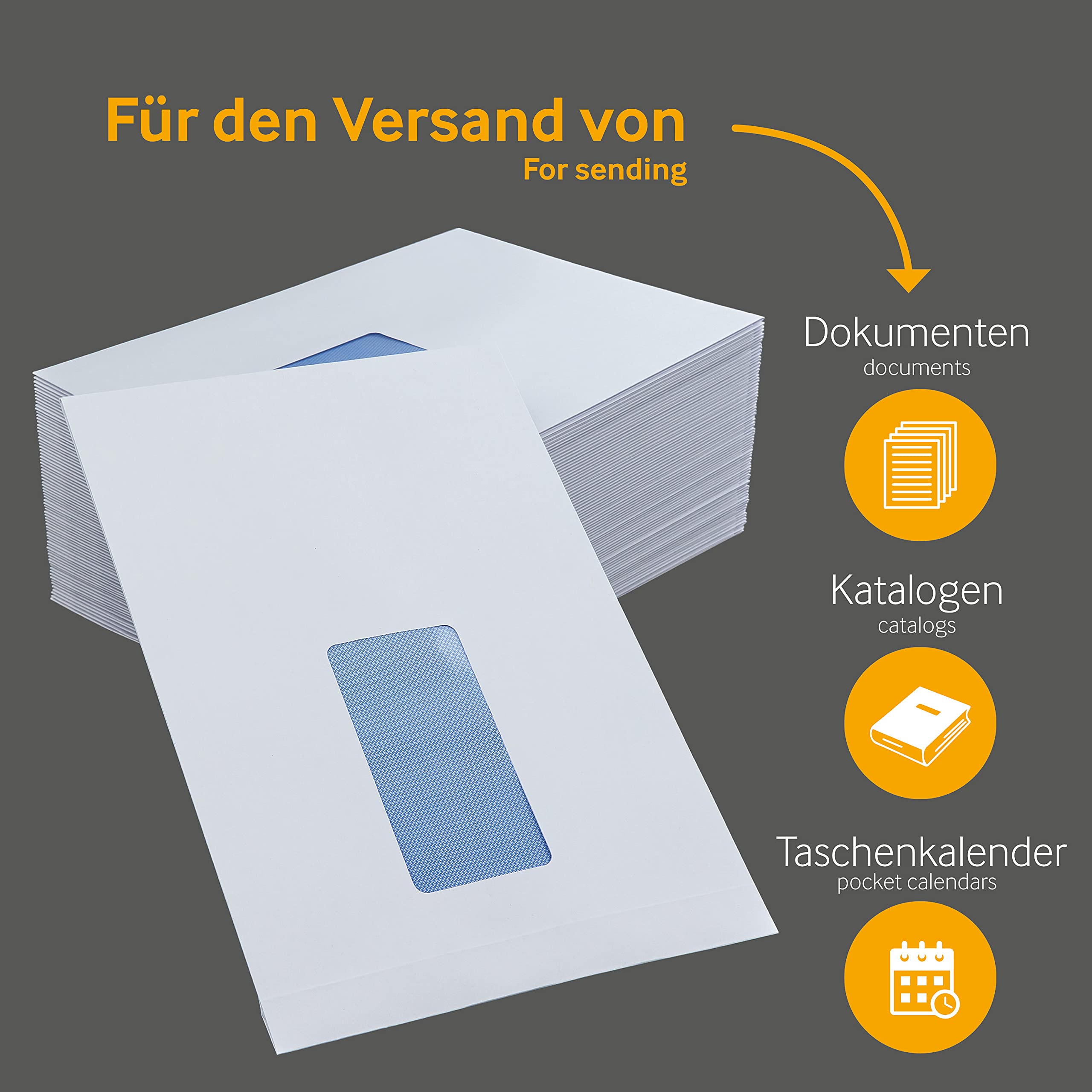 Faltentaschen Versandtaschen, C5, 162 x 229 x 25 mm, weiß, 125 Stück, mit Fenster, Haftklebung mit Abziehstreifen, Gerade Klappe, 120 g/qm Offset, Blanke Briefhüllen