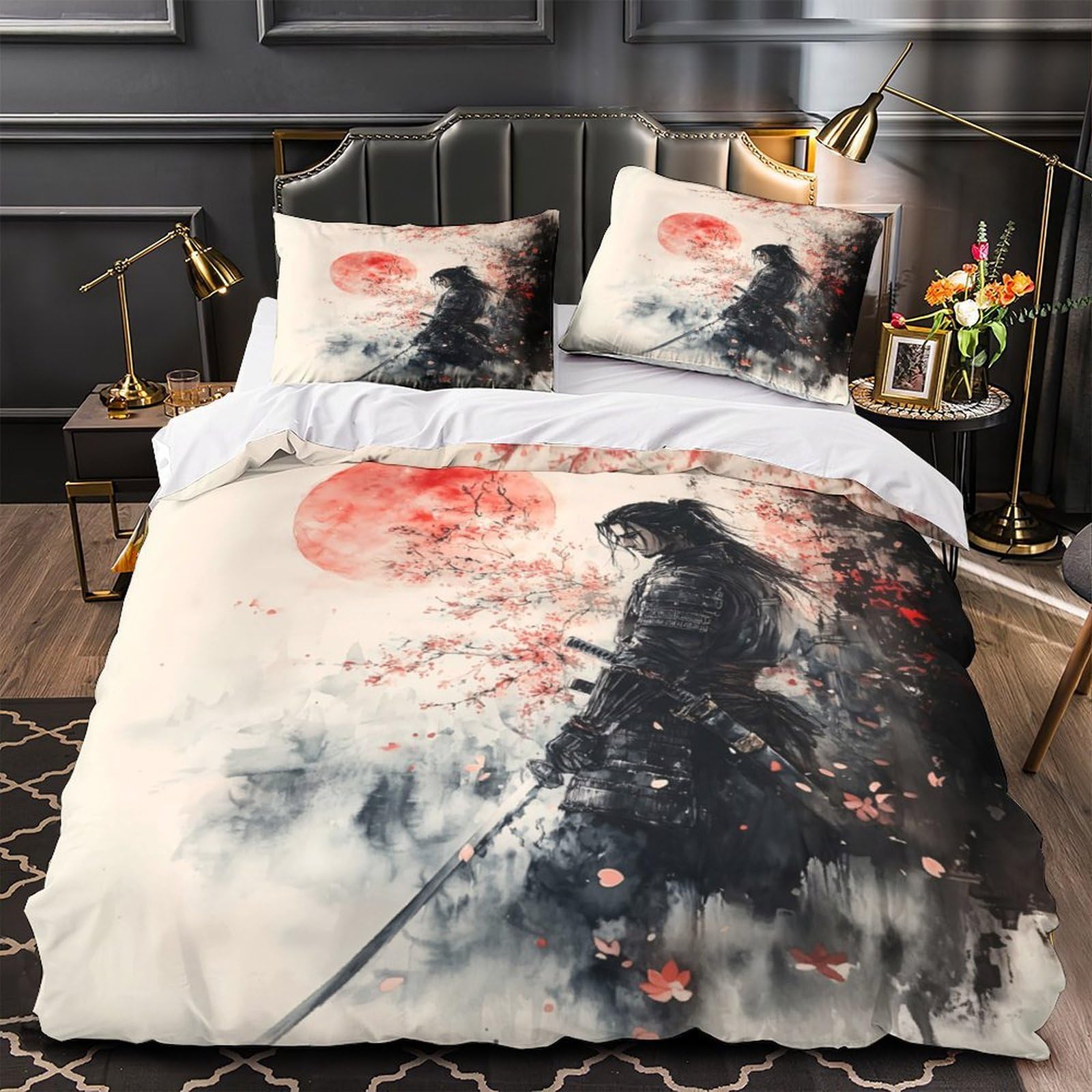Samurai Krieger 3-teiliges Reines Polyester Japanische Tinte Malerei Stil Bettbezugset, Versteckter Reißverschluss, Für Kleinkinder, Babysicher & Gifffrei, Pflegeleicht King（220x240cm）