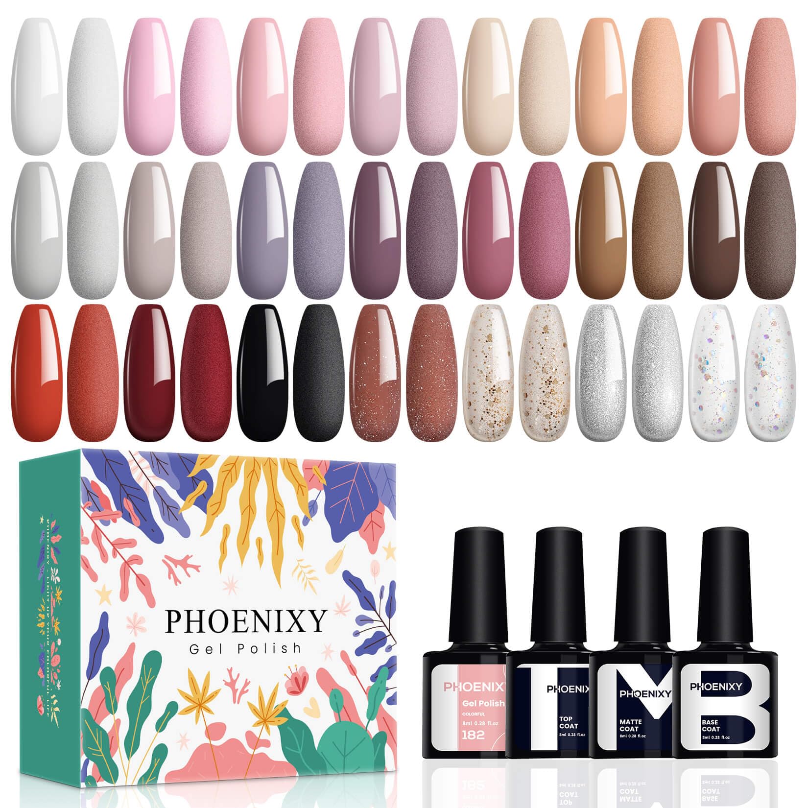24PCS Pintauñas Semipermanentes Phoenixy 21 Colores Esmaltes Semipermanentes para Uñas con Blanco Negro Rosa Marrón Kit Uñas Semipermanentes con Base Top Coat Brillante y Mate