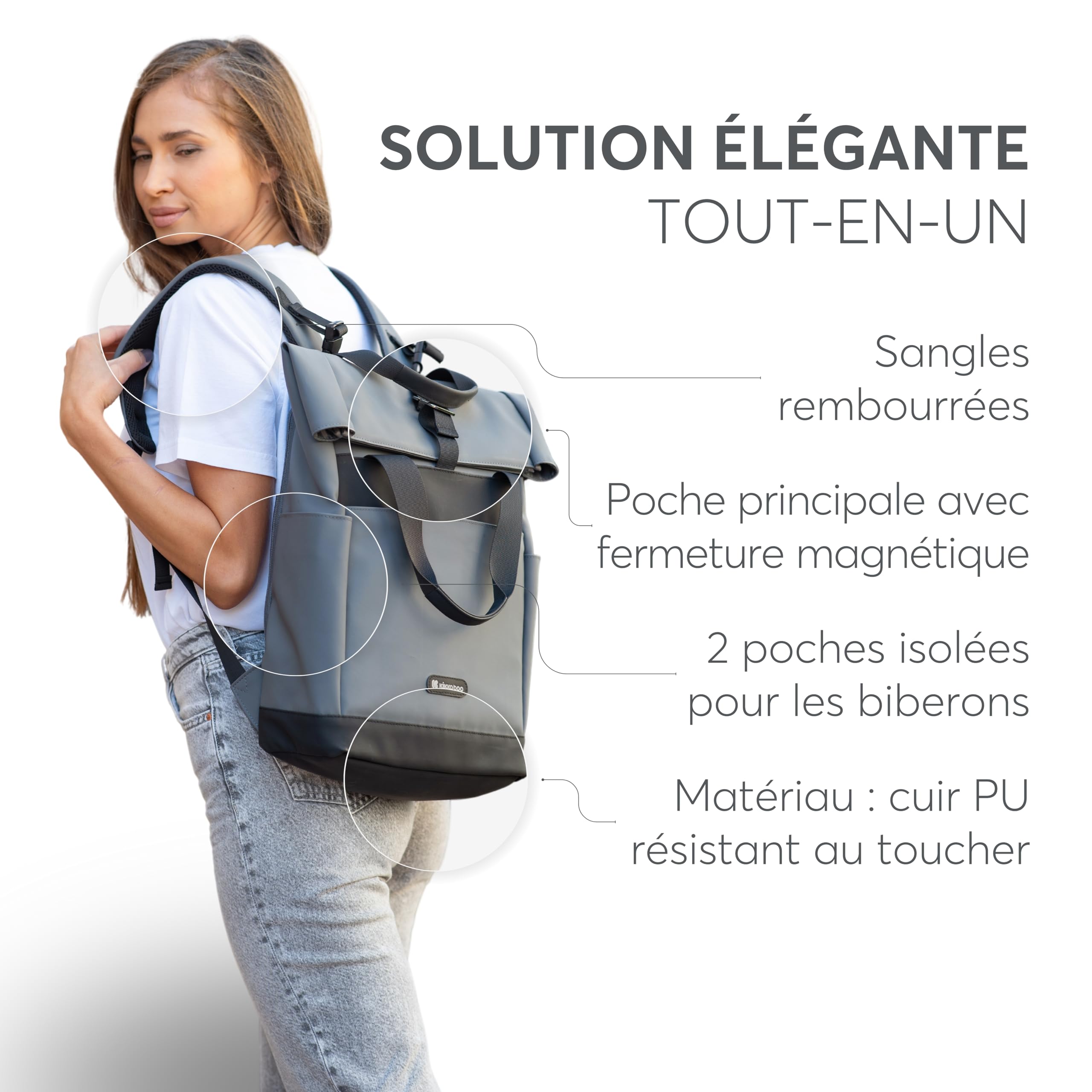 Sac à langer KikkaBoo sac à dos CERISE, sac maman, clips pour poussette, grande capacité, matelas à langer portable, poche thermique, poche étanche, multi-poches, noir