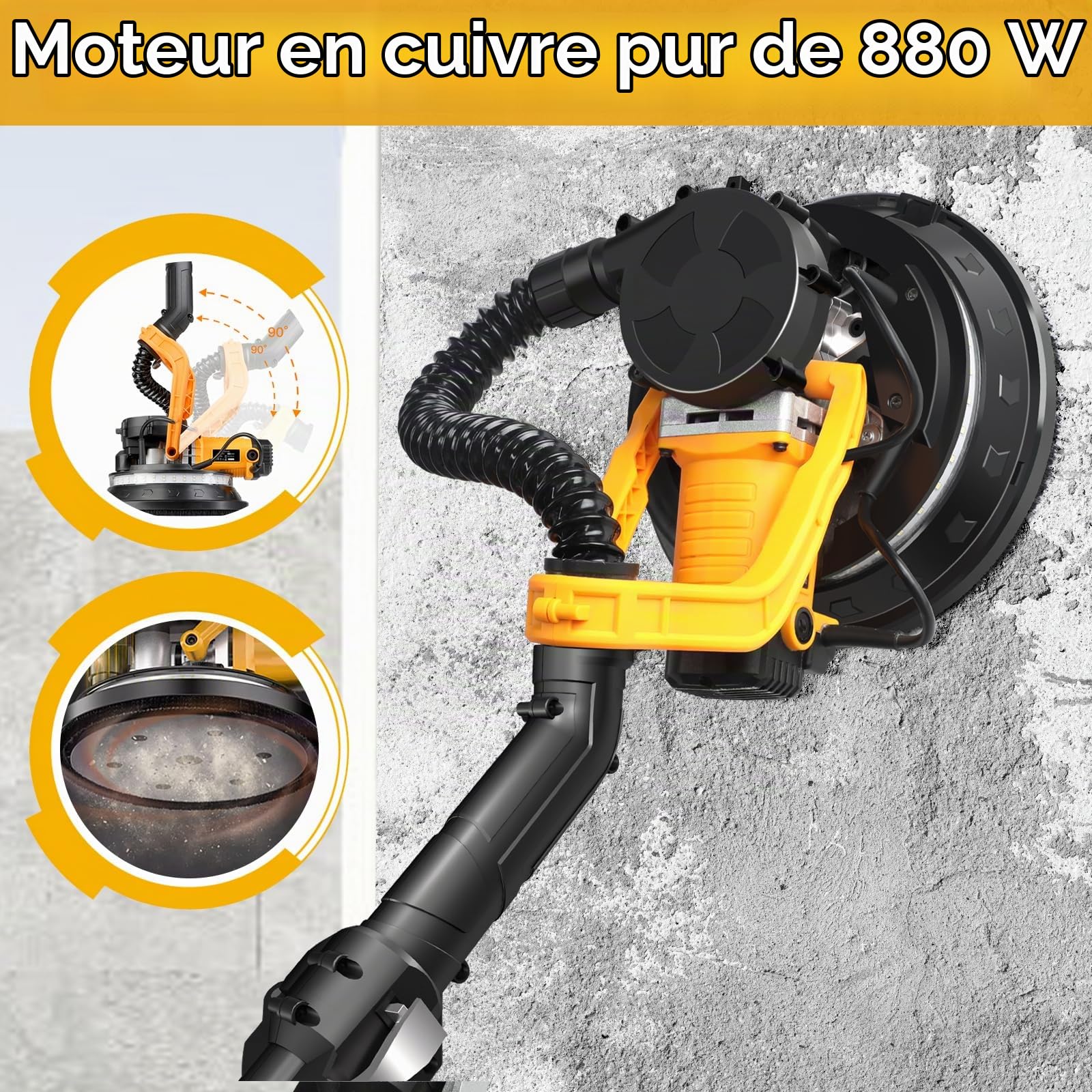 Ponceuse Girafe 880W, Ponceuse Murale et Plafond avec Aspirateur Intégré, 5 Vitesses Variables (1000-2100 RPM), Poignée Télescopique Pliable, LED, pour Plâtre et Placoplâtre