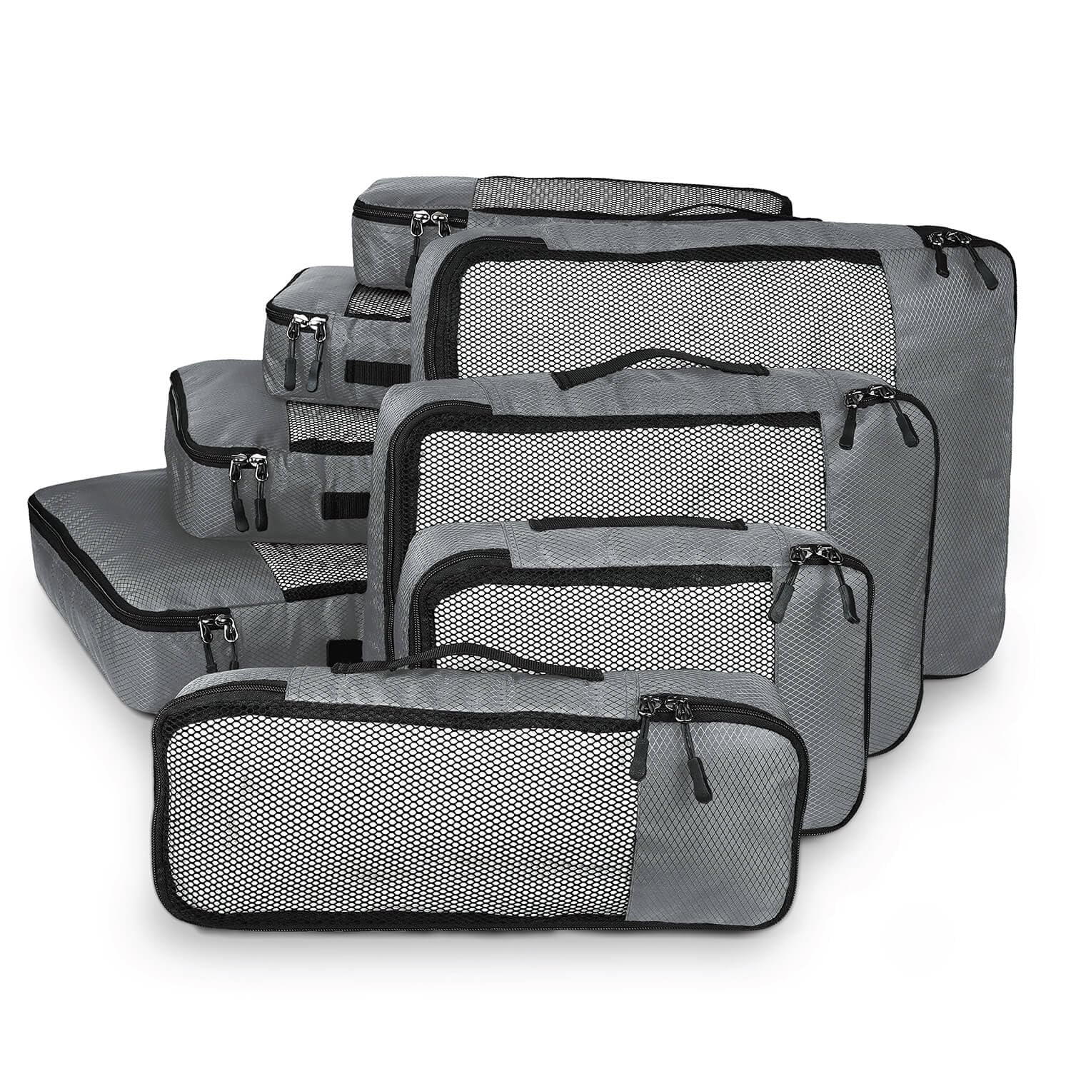 Packing Cubes Travel Pouch Bag Organiser Set of 8 (2x Large-Medium-Small and Slim) - Grey, Fabric-image-6