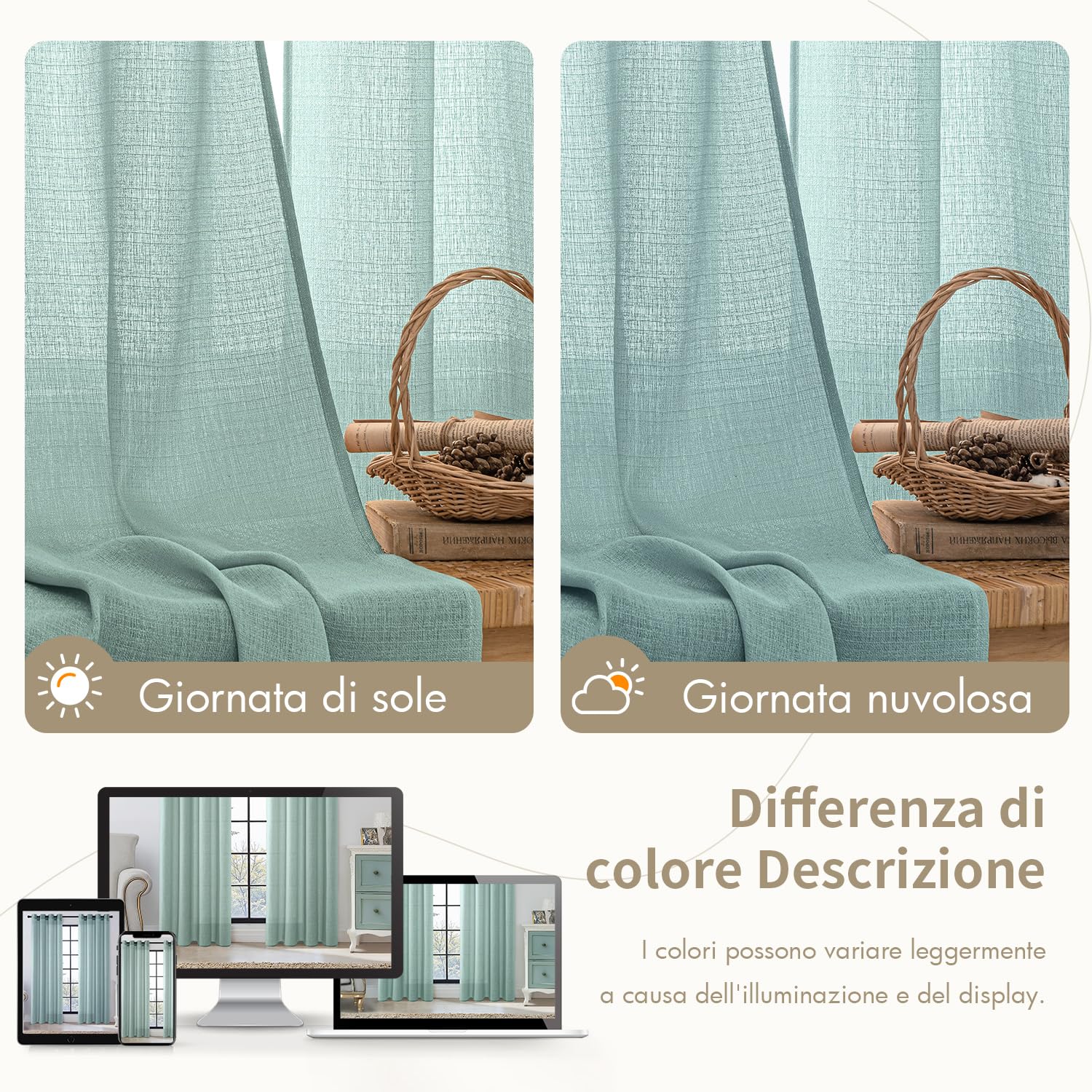 MIULEE 2 Pezzi Tende Trasparenti Voile Natale in Poliestere Lino 140x215 cm Celeste Verde